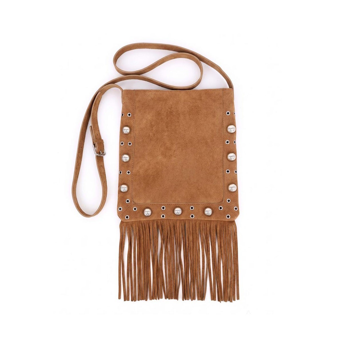 TIGERSTARS VINTAGE CAMEL STUDDED FAUX SUEDE FRINGE WESTERN CROSSBODY BAG