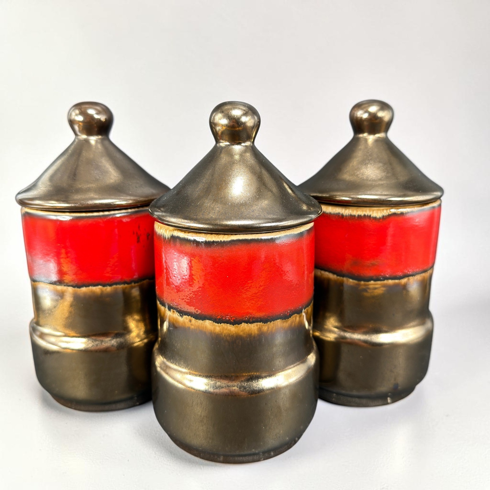 Eduardo Vega Studio Pottery Canister Set of 3 Red Bronze Metallic Signed Ecuador