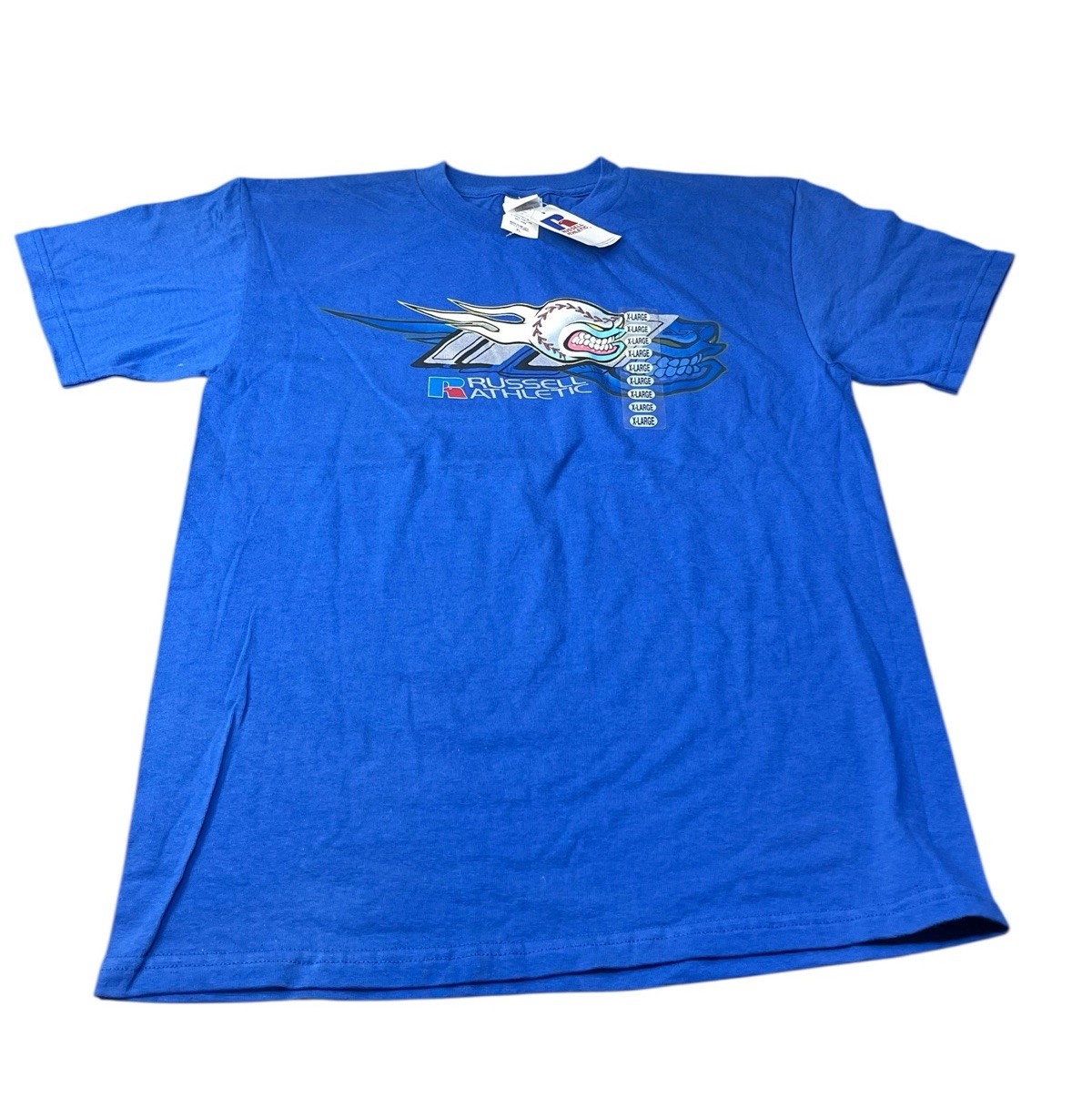 Vintage 2000 Y2K Russell Athletic Blue Angry Baseball T-Shirt Size Youth XL NOS