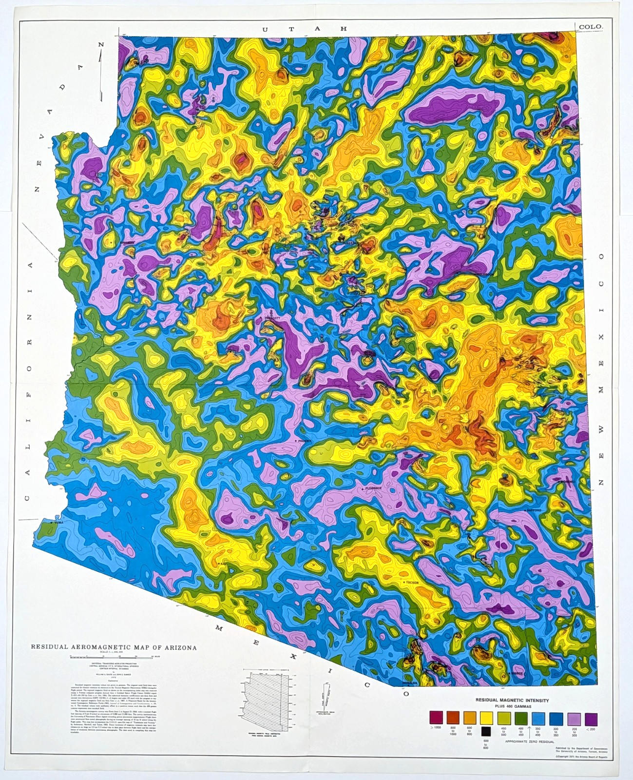 1971 ARIZONA Map (28x22) Aeromagnetic Intensity STUNNING COLORFUL LARGE 1971 ARIZONA Map (28x22) Aeromagnetic Intensity STUNNING COLORFUL LARGE