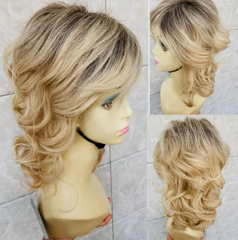 Medium Fluffy Wavy Dark Roots Blonde Mix Synthetic Hair Wigs Women Natural US