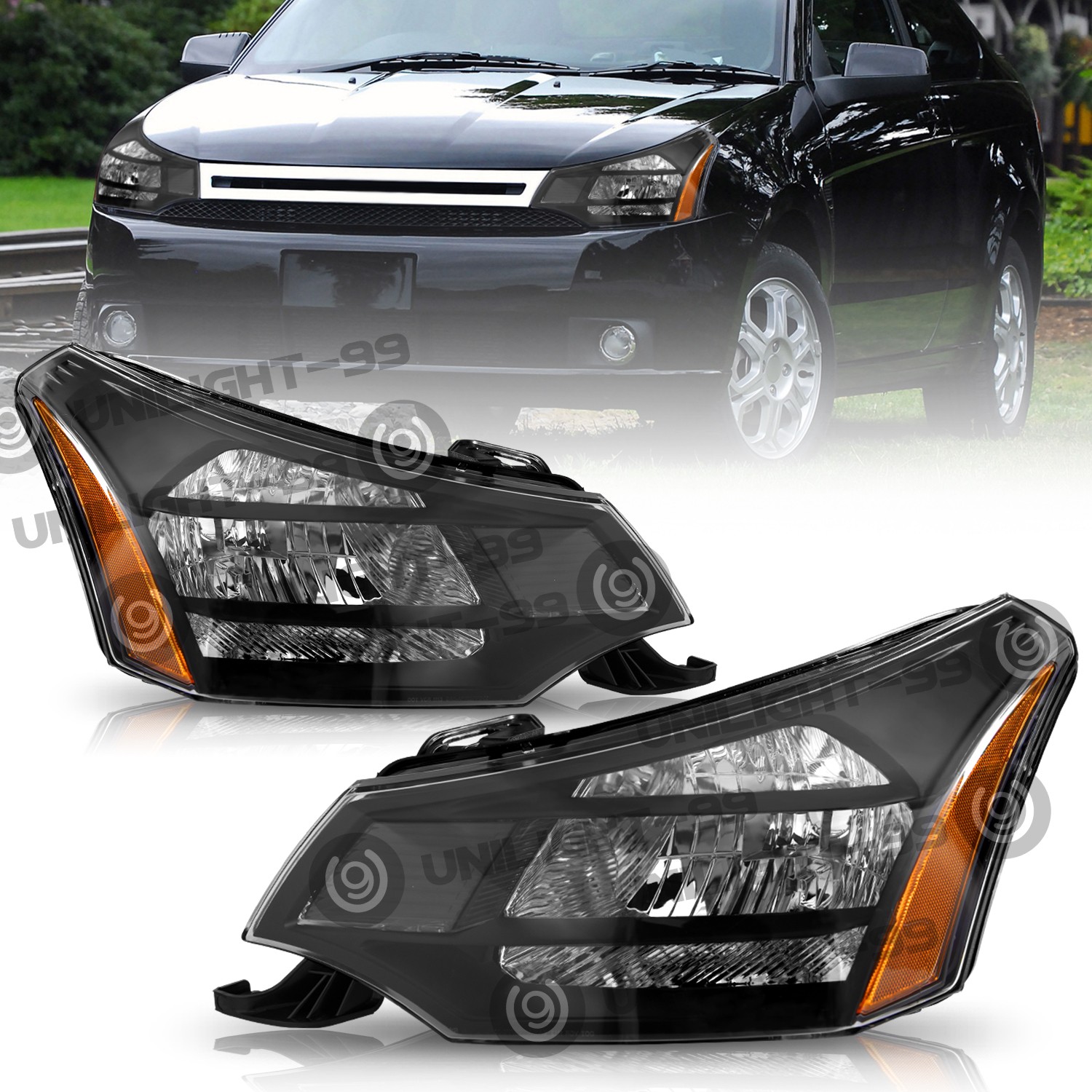 For 2008-2011 Ford Focus S|SE|SES|SEL Black Amber Headlights Assembly L+R 08-11