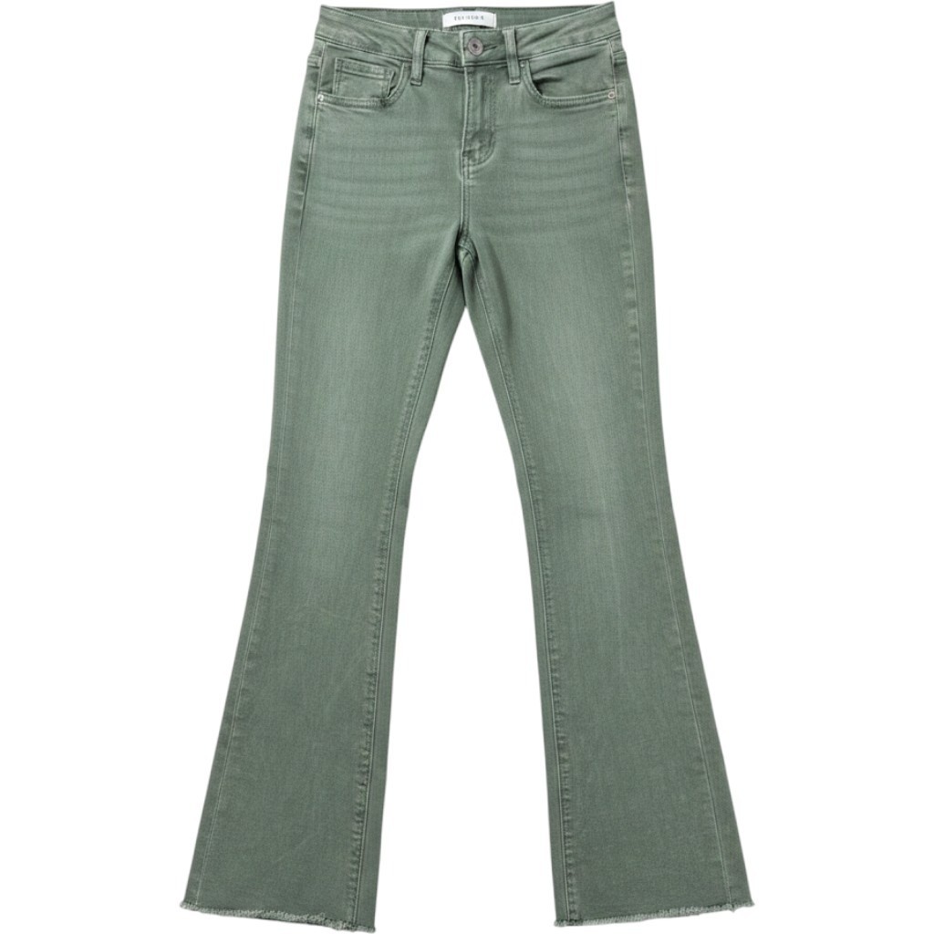 Lovervet by Vervet Sage Green High Rise Raw Hem Flare Jeans Sz 25 LV1254OL