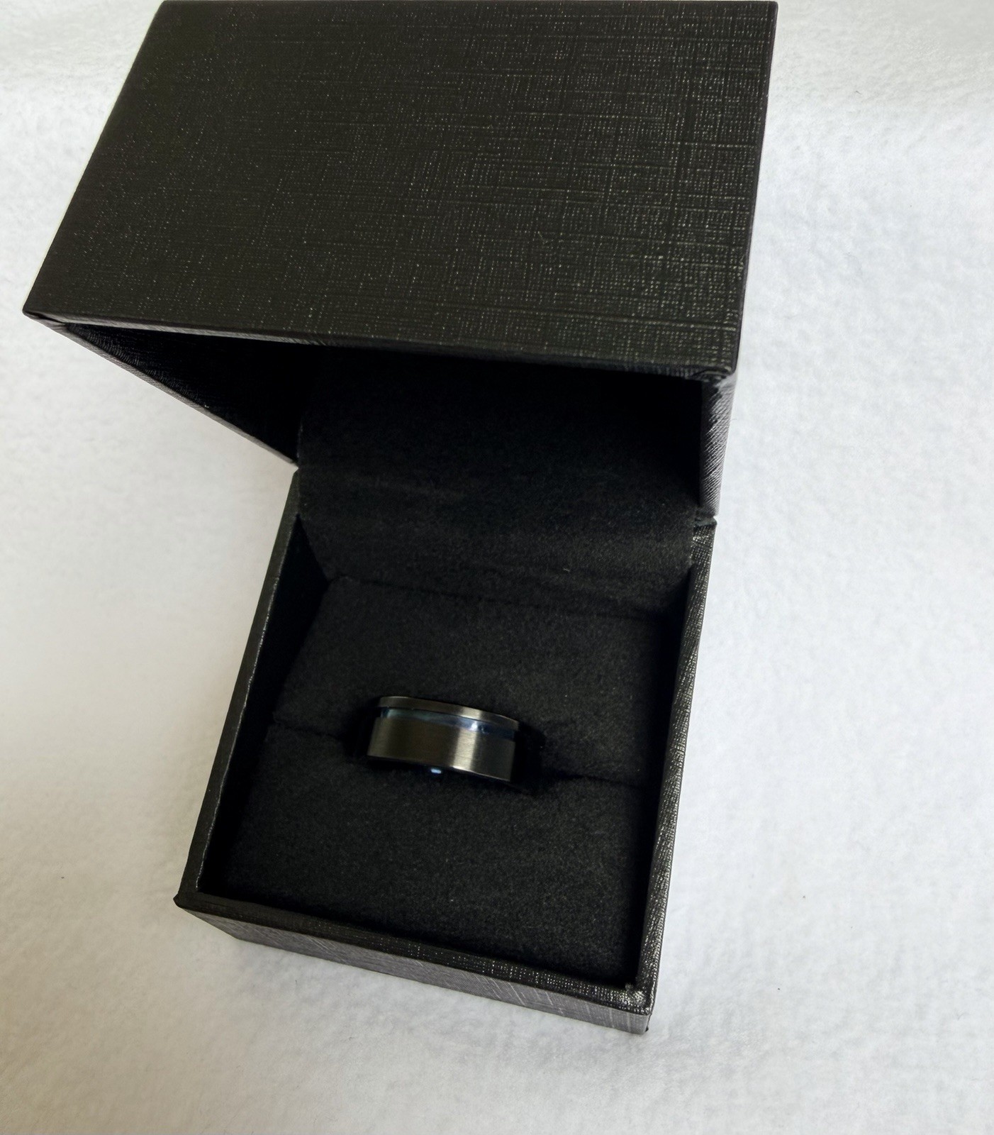 Zales Triton Men's 8mm Black/Blue Tungsten Comfort Fit Engraved Band 10