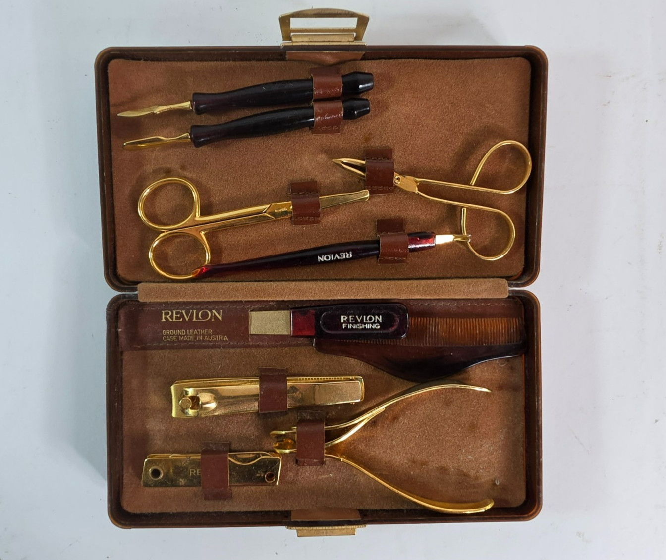 Vintage Revlon Manicure Grooming Set w/ Gold Tone Tools Leather Alligator Case