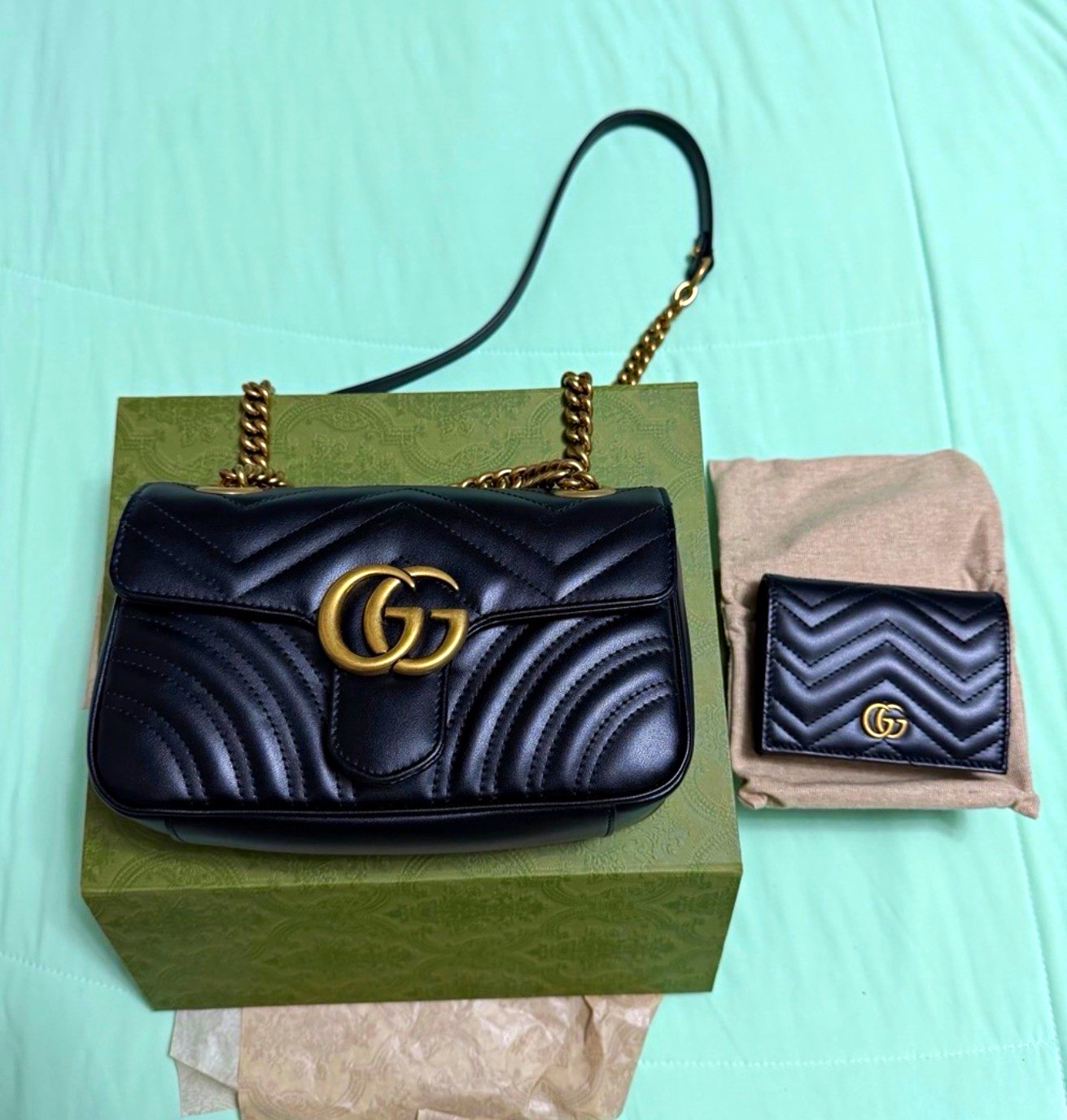 Gucci GG Marmont Black Chevron Quilted Shoulder Bag Chain Strap Gold AND wallet