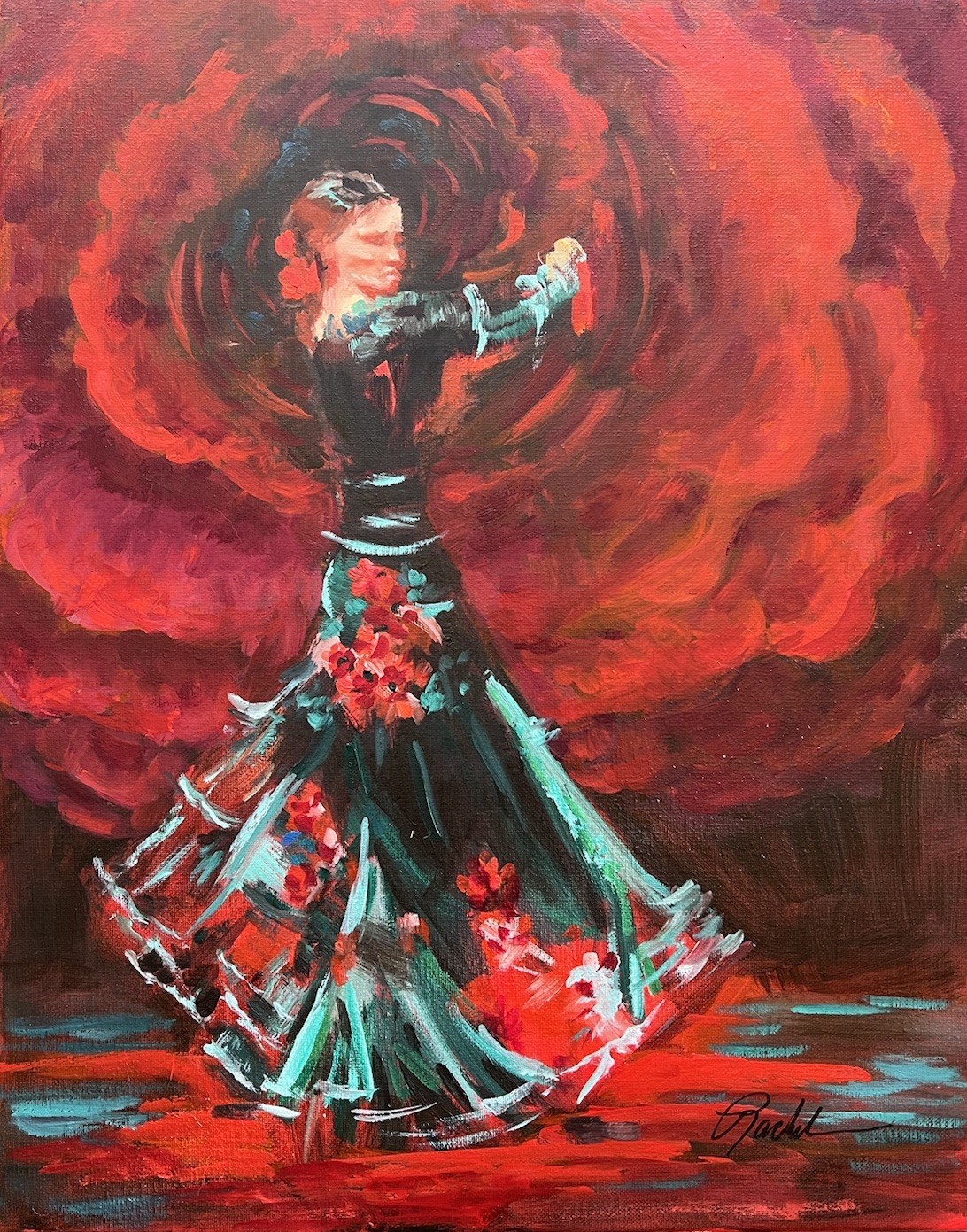 Original Oil Painting Flamenco Dancer Spanish Woman Surreal Red Rose 20x16 Original Oil Painting Flamenco Dancer Spanish Woman Surreal Red Rose 20x16
