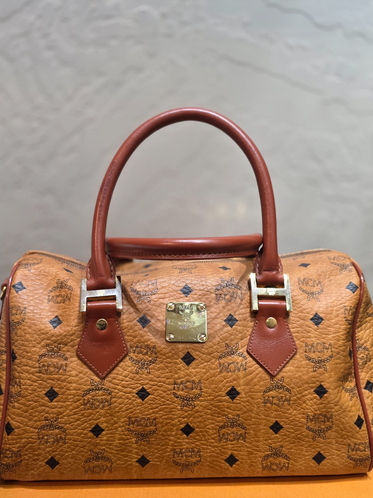 Vintage MCM Visetos Boston Bag Cognac Leather München 451810 Authentic
