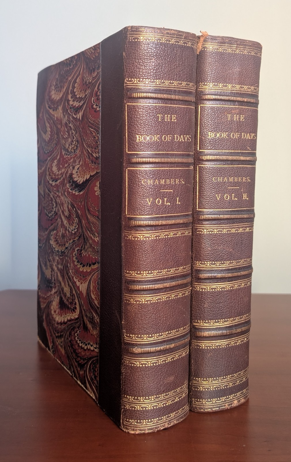 1872 The Book of Days Chambers 2 Vol Set Leather Marbled Illustrated Antiquities
