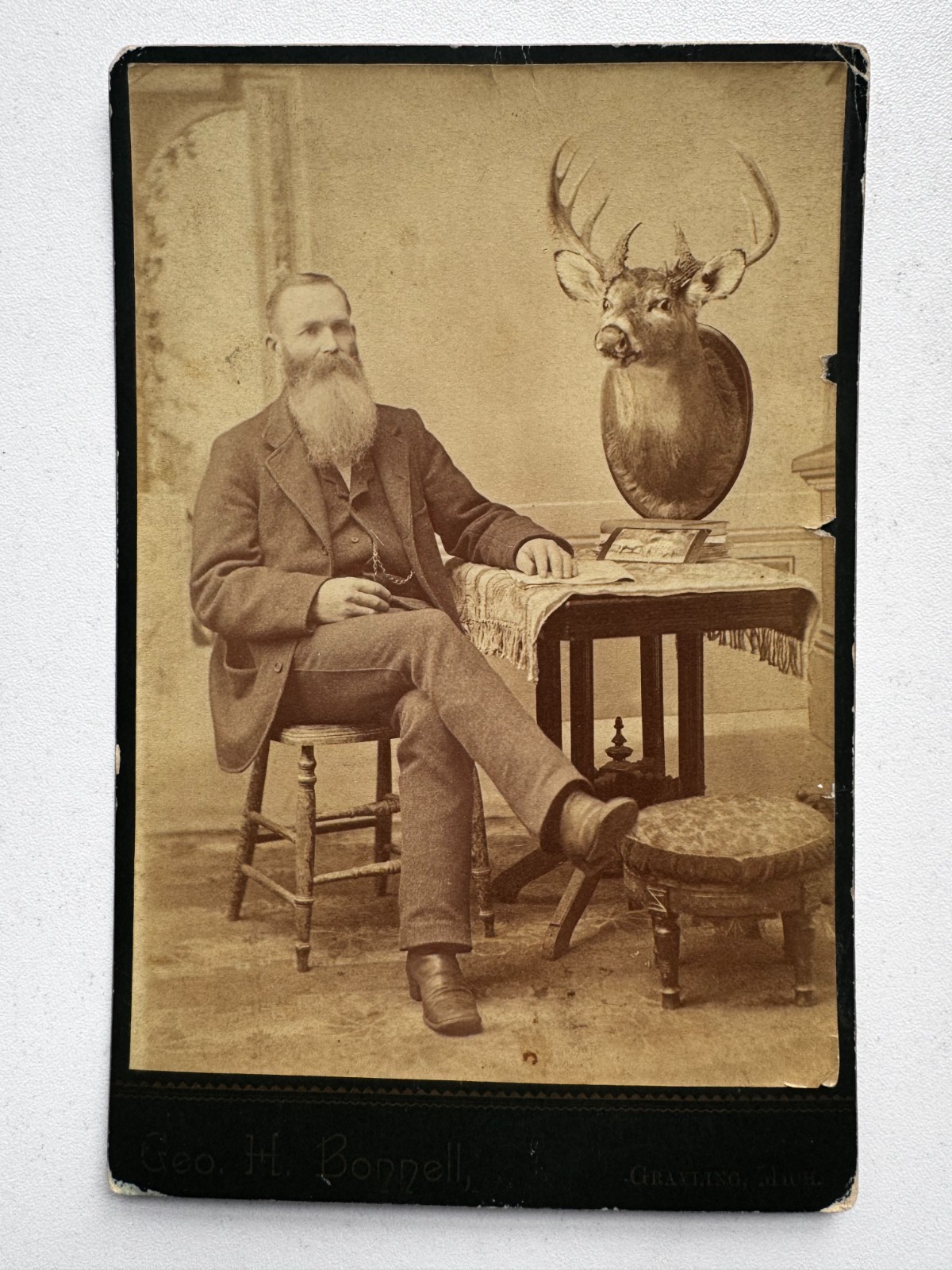 Antique Cabinet Photo of Man with Large Taxidermy Buck Deer Michigan Hunting Antique Cabinet Photo of Man with Large Taxidermy Buck Deer Michigan Hunting