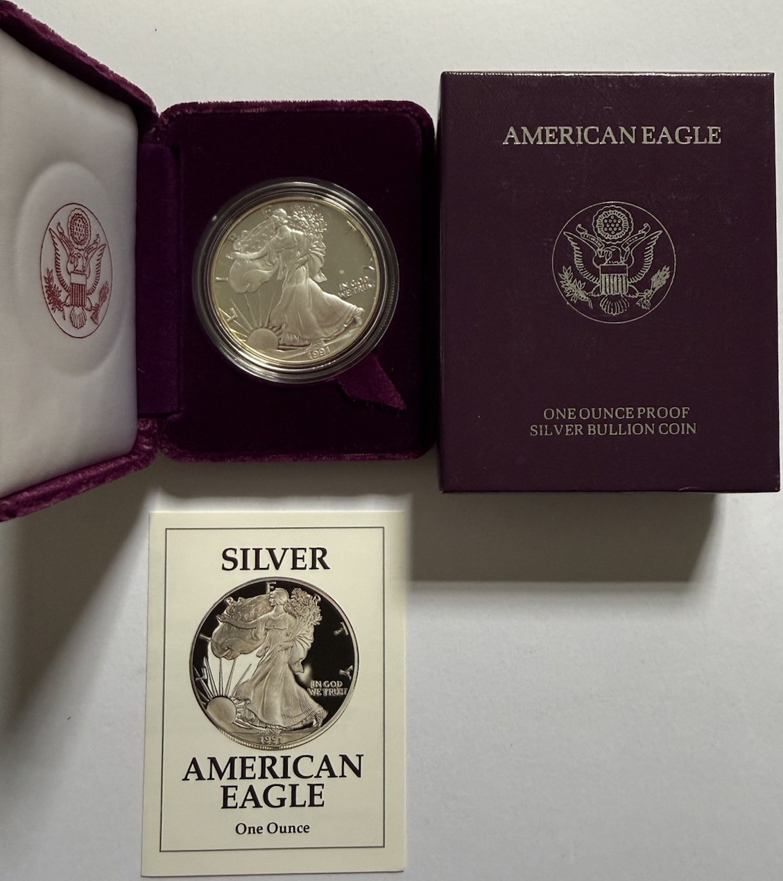 1991-S U.S. American Eagle One Ounce Proof Silver Uncirculated Coin - Box & COA 1991-S U.S. American Eagle One Ounce Proof Silver Uncirculated Coin - Box & COA