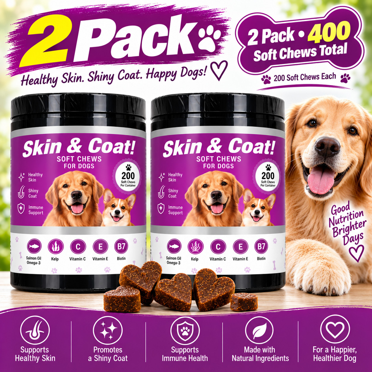 Dog Skin & Coat Soft Chews Omega 3 Salmon Oil Biotin Supplement 400 Ct 2 Pack