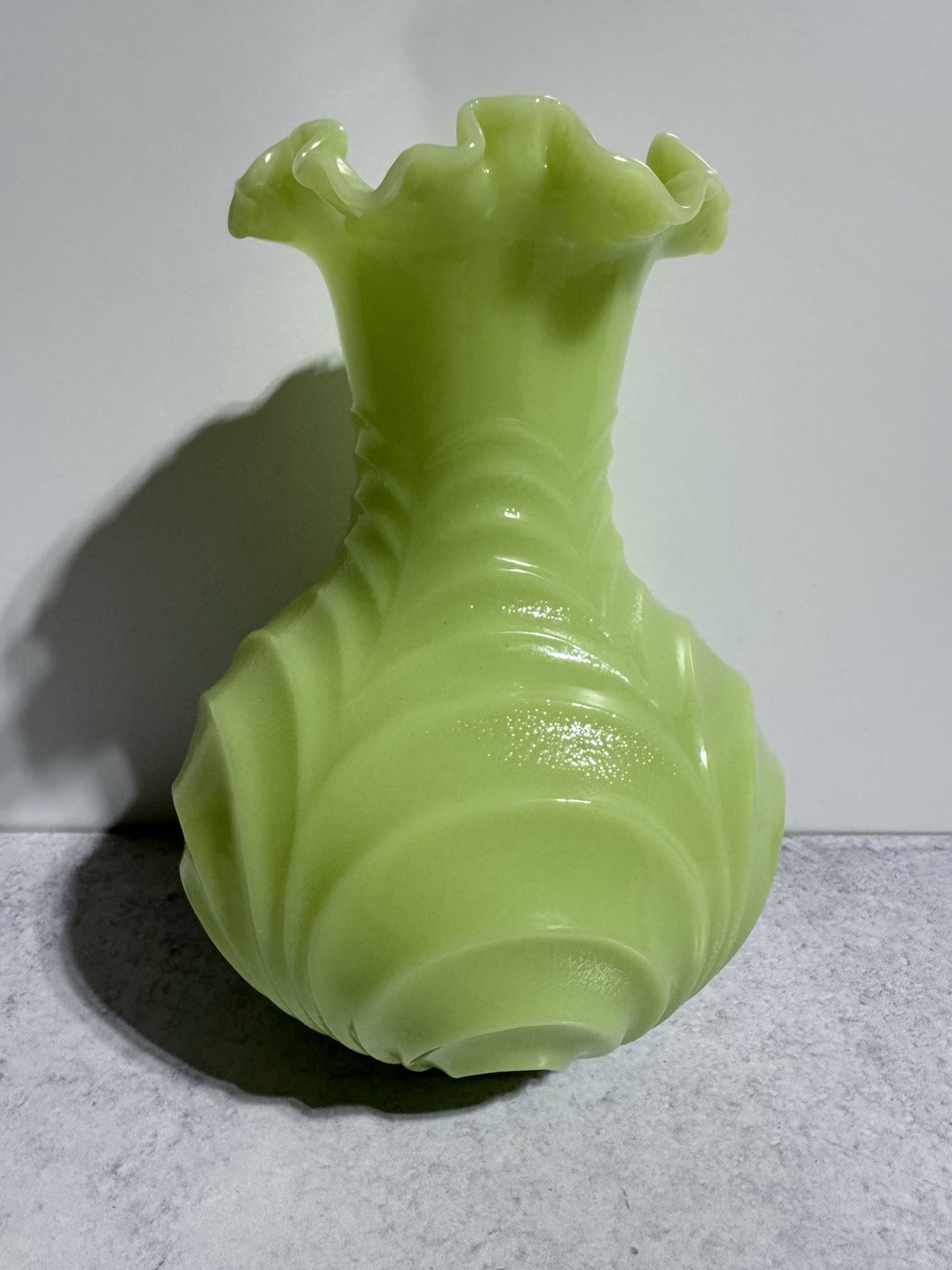 VTG Fenton Lime Sherbet 9155 Green Uranium Glass Drapery Vase Rare Glossy Finish VTG Fenton Lime Sherbet 9155 Green Uranium Glass Drapery Vase Rare Glossy Finish