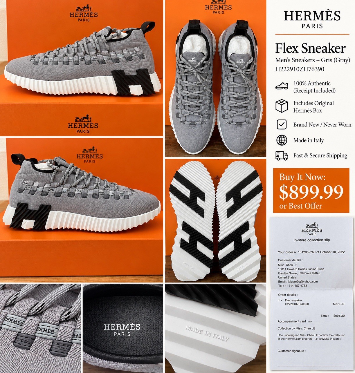 Hermes Flex Sneaker Men’s Gray Gris H222910ZH76390 Brand New Authentic Hermes Flex Sneaker Men’s Gray Gris H222910ZH76390 Brand New Authentic