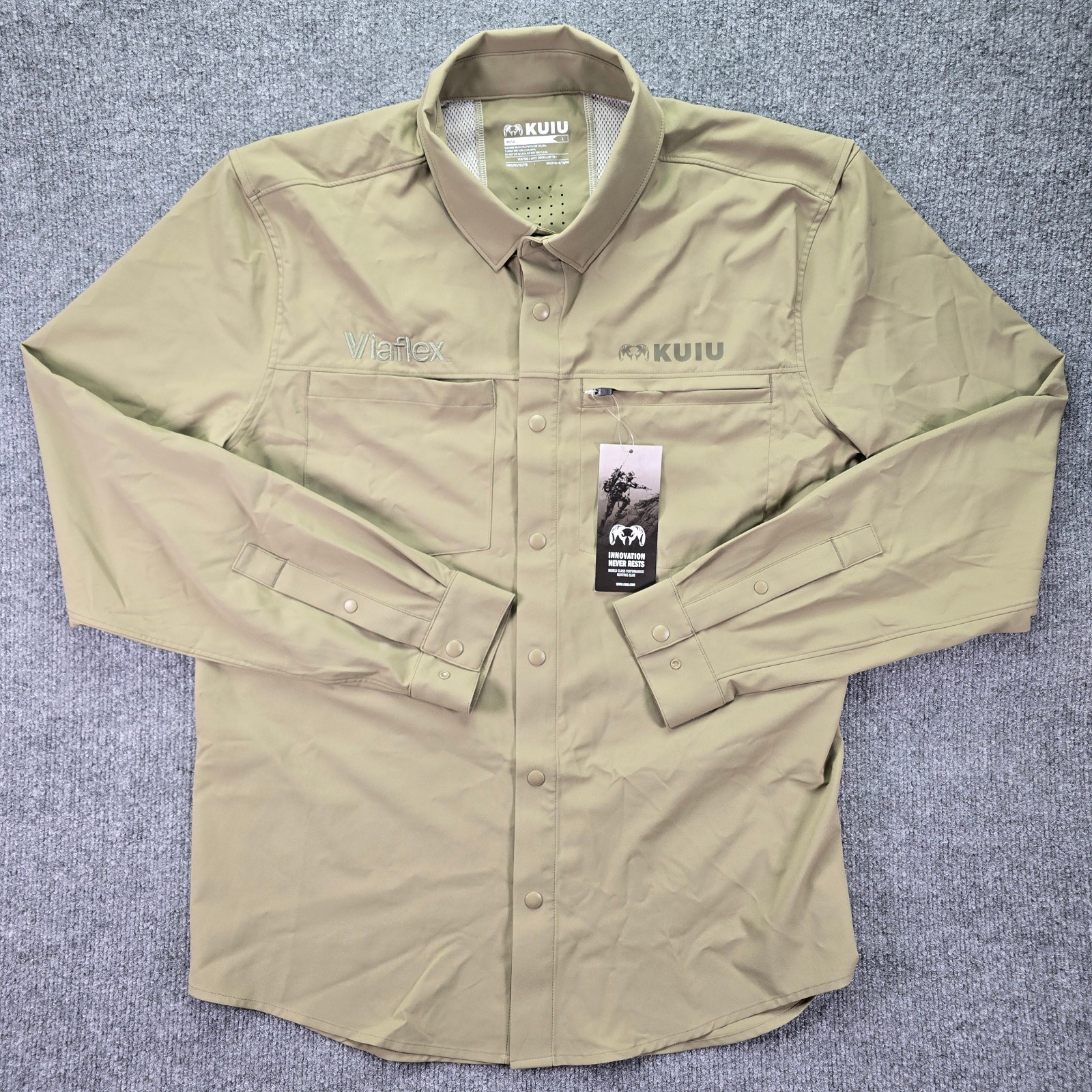 Kuiu Mesa Shirt Mens Large Khaki Performance Fishing Vented Long Sleeve Snap Up