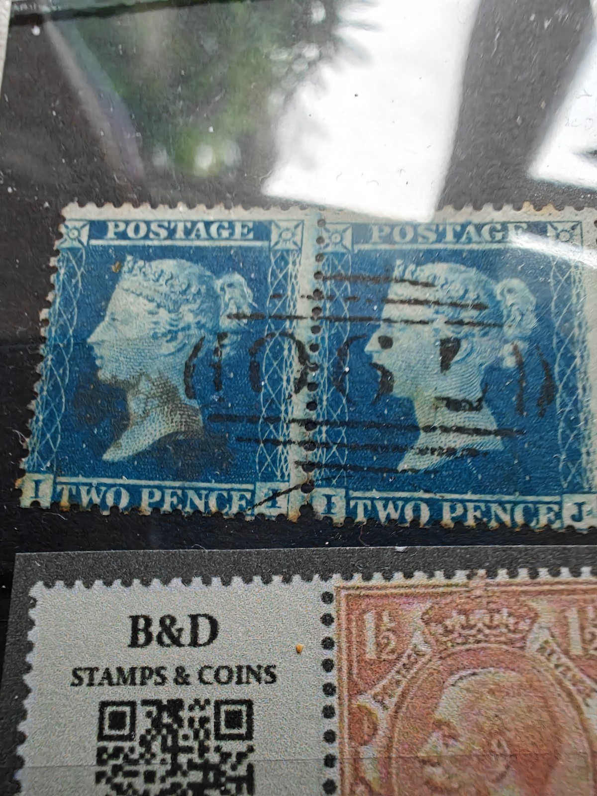 antique Victorian rare joined penny blue stamps