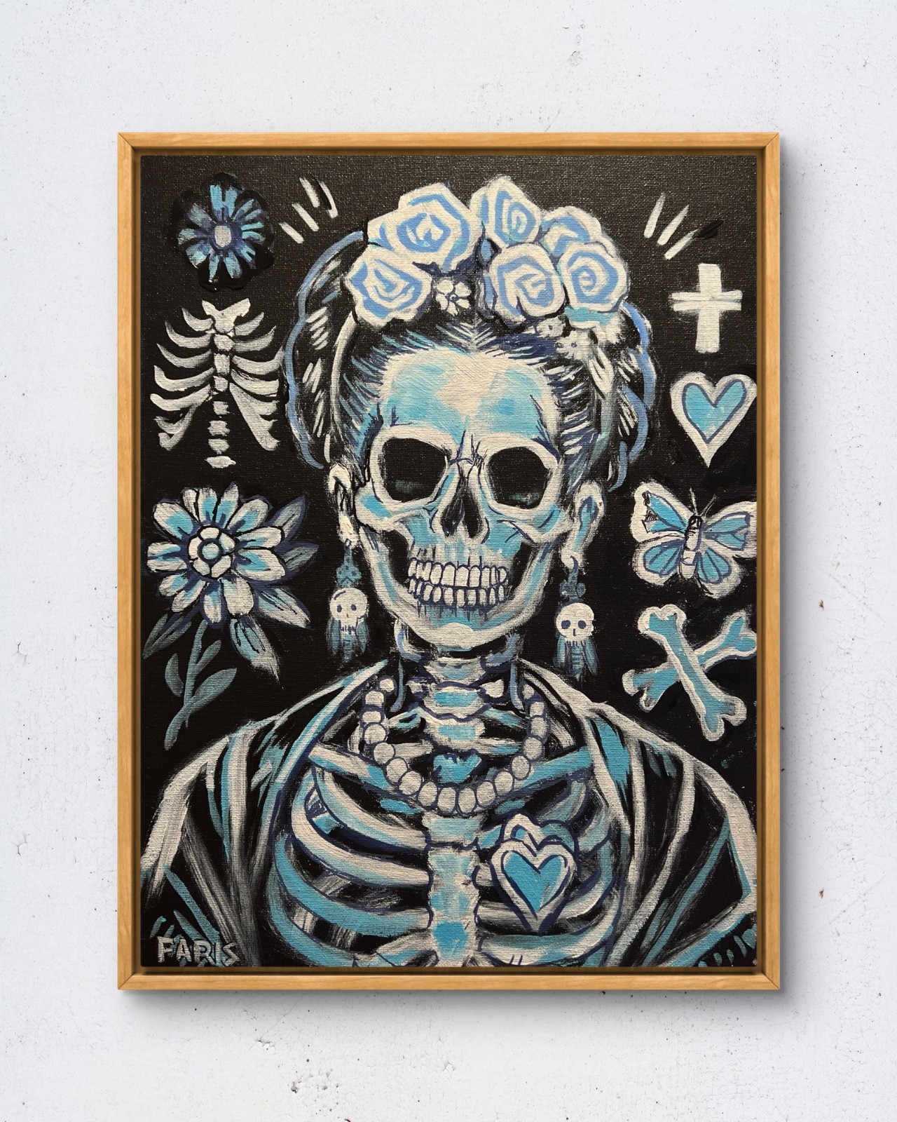 Faris Original 12x16 Folk Frida Kahlo Skeleton Portrait Painting Signed Canvas