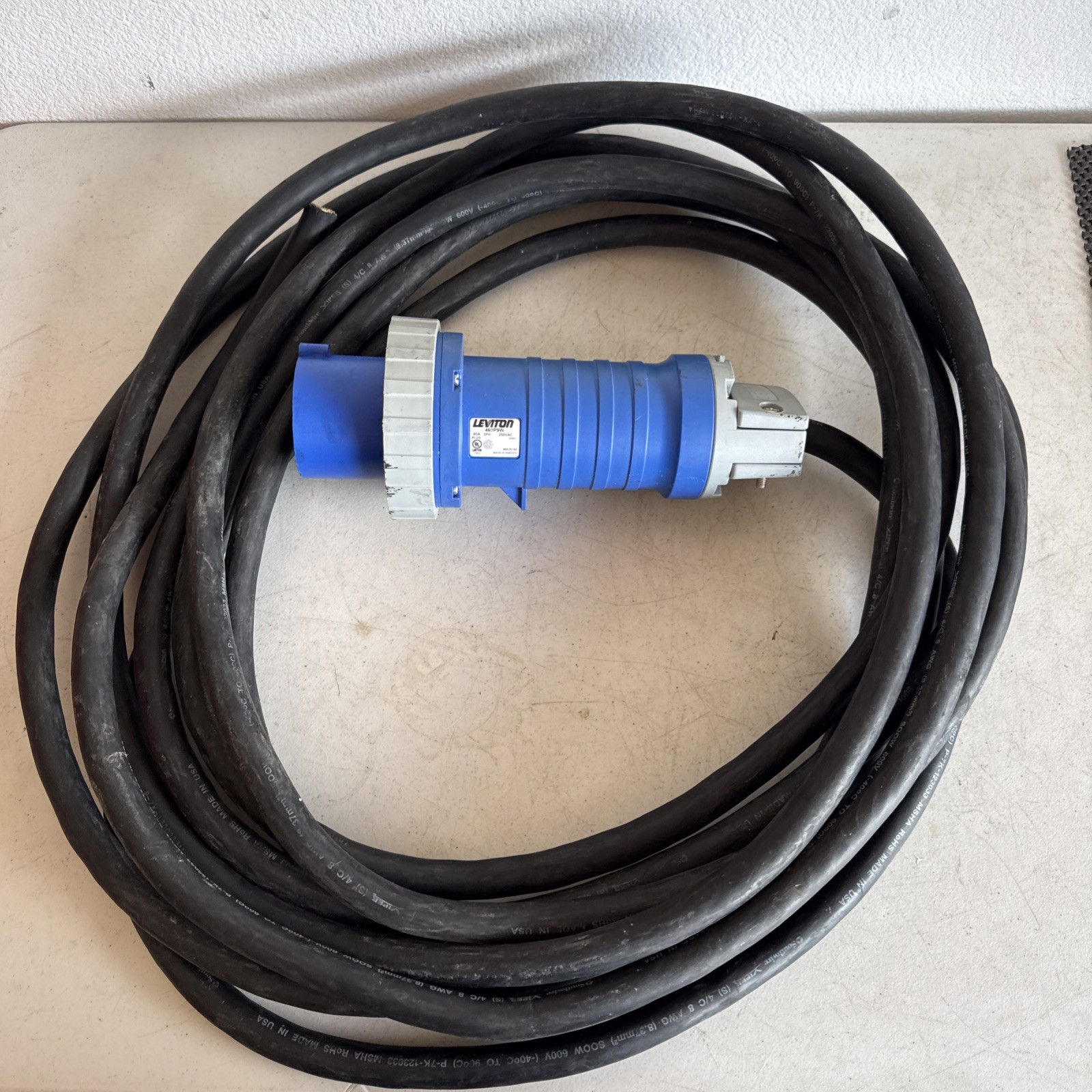 Leviton 460P9W 60A 250V 3PH Plug 35FT Southwire 8/4 SOOW 600V Cable