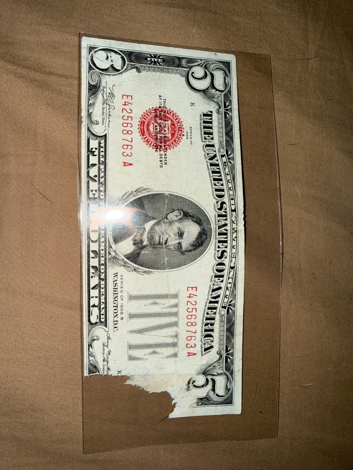 1928 B Five Dollar $5 Bill Red Seal United States Note CIRCULATED E/A Block