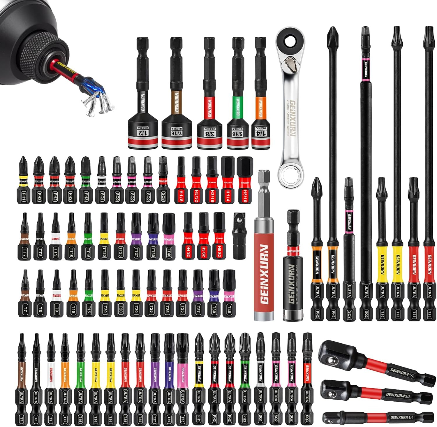 82Pieces Impact Screwdriver Bits Set, Magnetic S2 Steel Phillips/Square/Torx/Hex