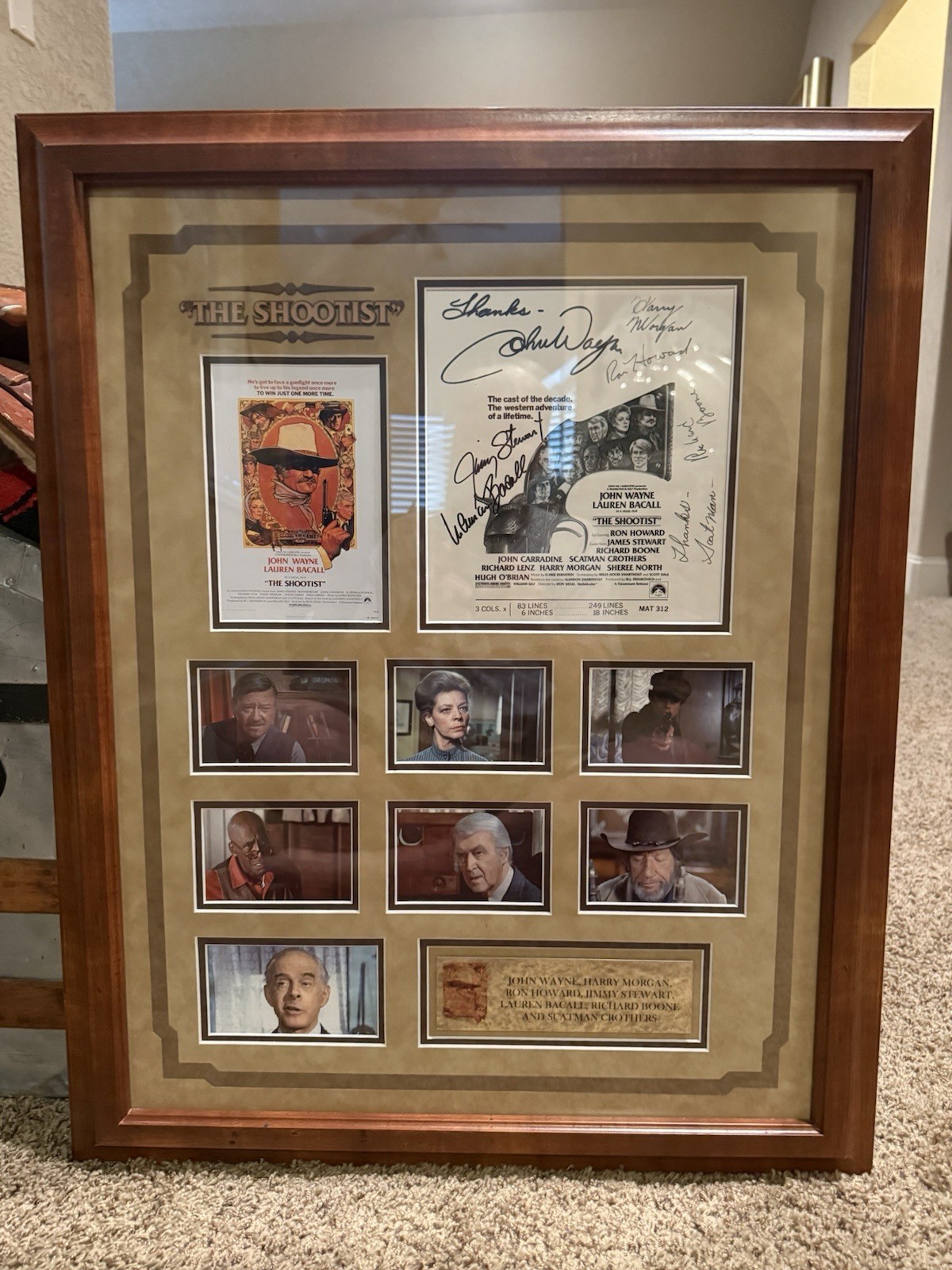 Framed Shootist signed Card By John Wayne, Jimmy Stewart, Ron Howard, COA.