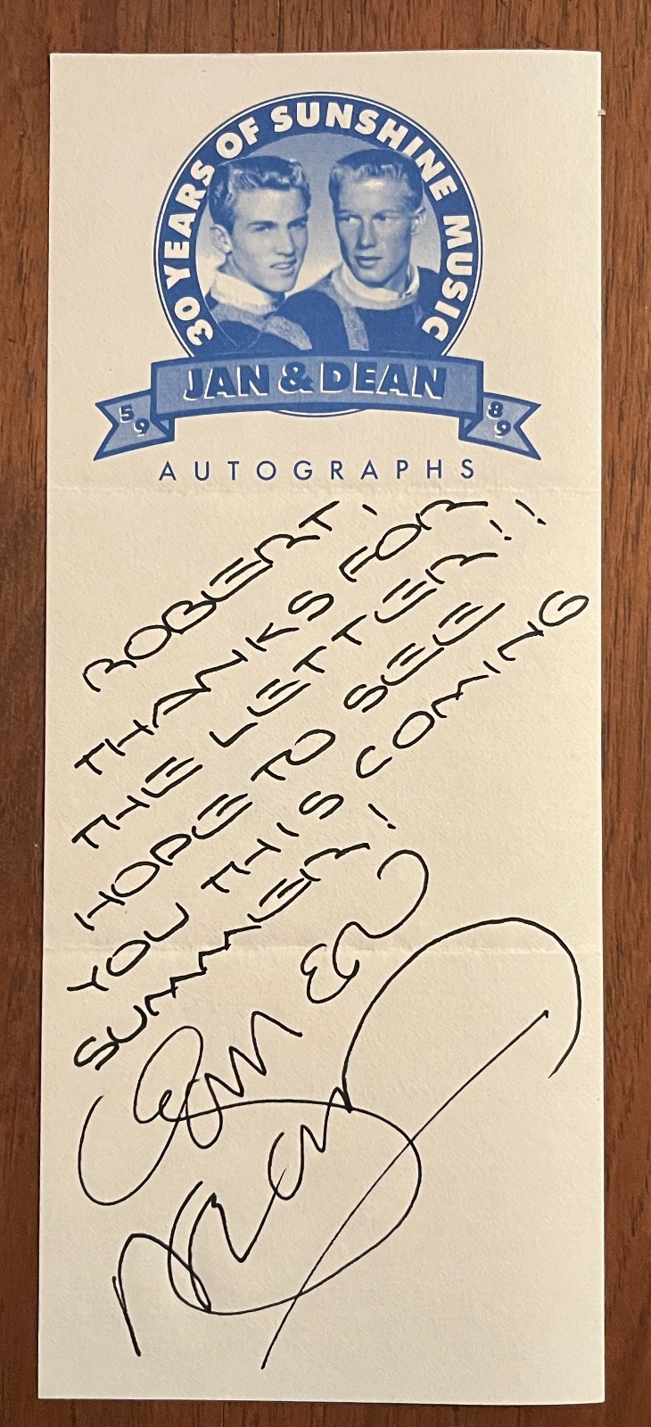 DEAN TORRENCE of JAN & DEAN Signed 3 3/4 X 9 note