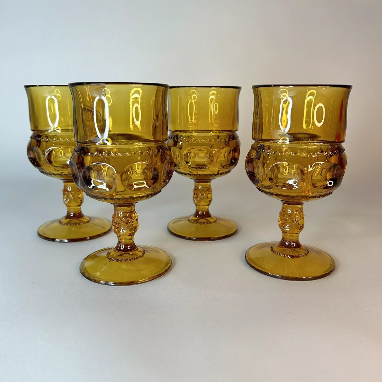 4 Vintage Indiana Glass Kings Crown Thumbprint Amber Goblet Sherry Wine Glasses