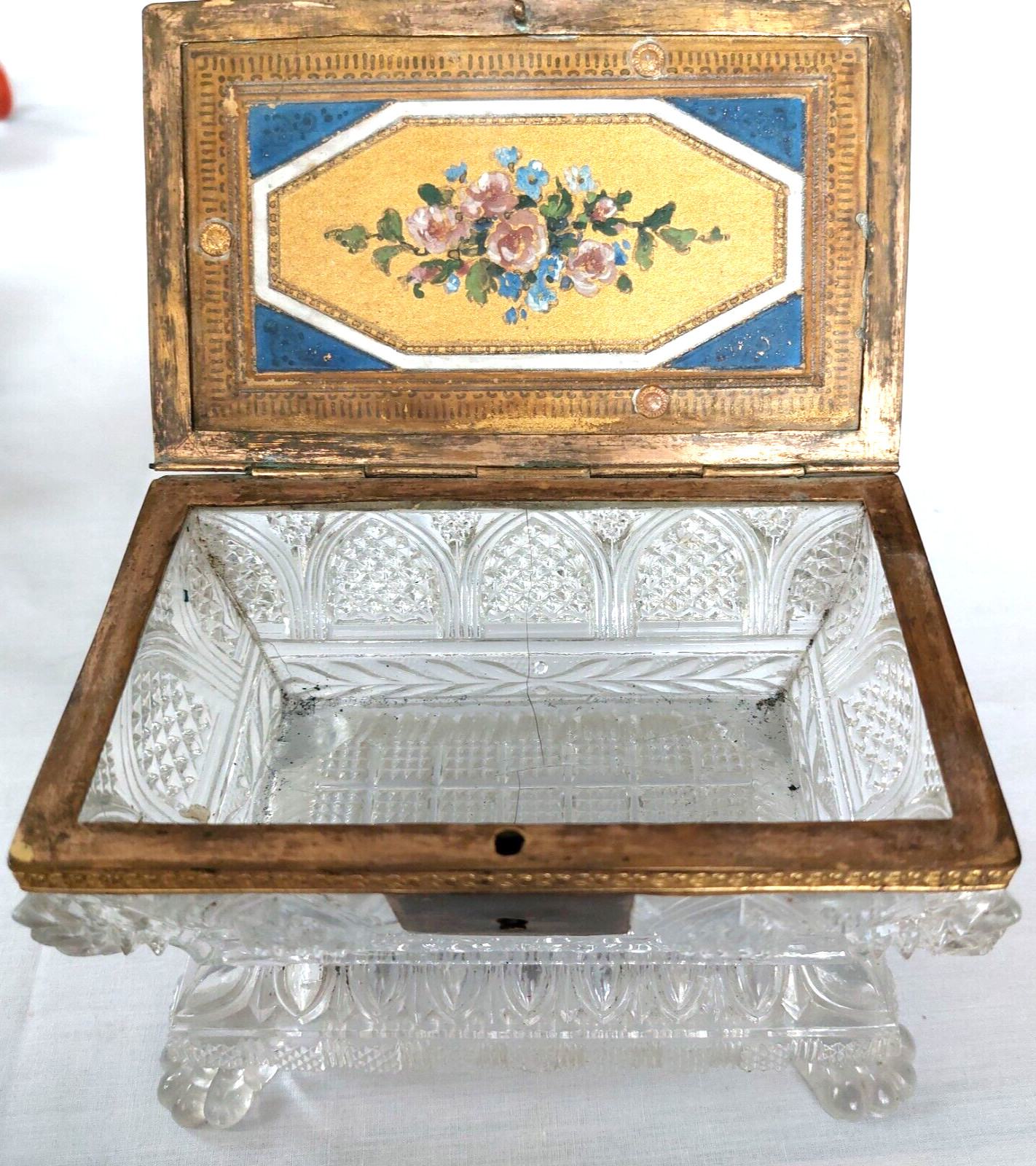 VTG French Cut Crystal Glass Casket Hinged Trinket Box Floral Paint Brass Footed VTG French Cut Crystal Glass Casket Hinged Trinket Box Floral Paint Brass Footed
