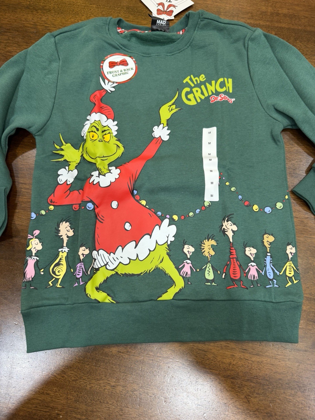 Kids Green The Grinch Sweatshirt Front & Back Graphic Medium NWT 