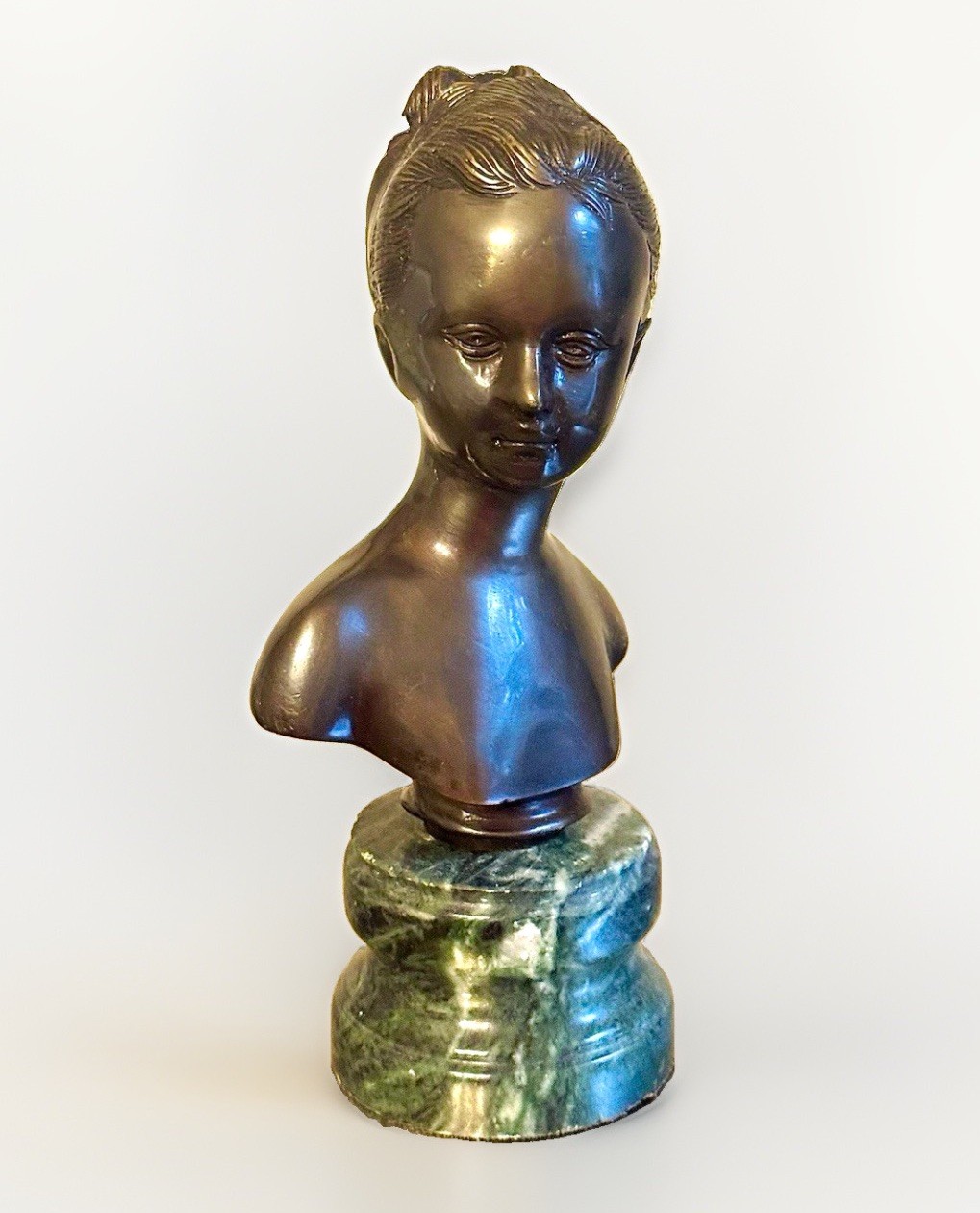 Antique French Bronze Bust Female Girl Green Marble Base Antique French Bronze Bust Female Girl Green Marble Base