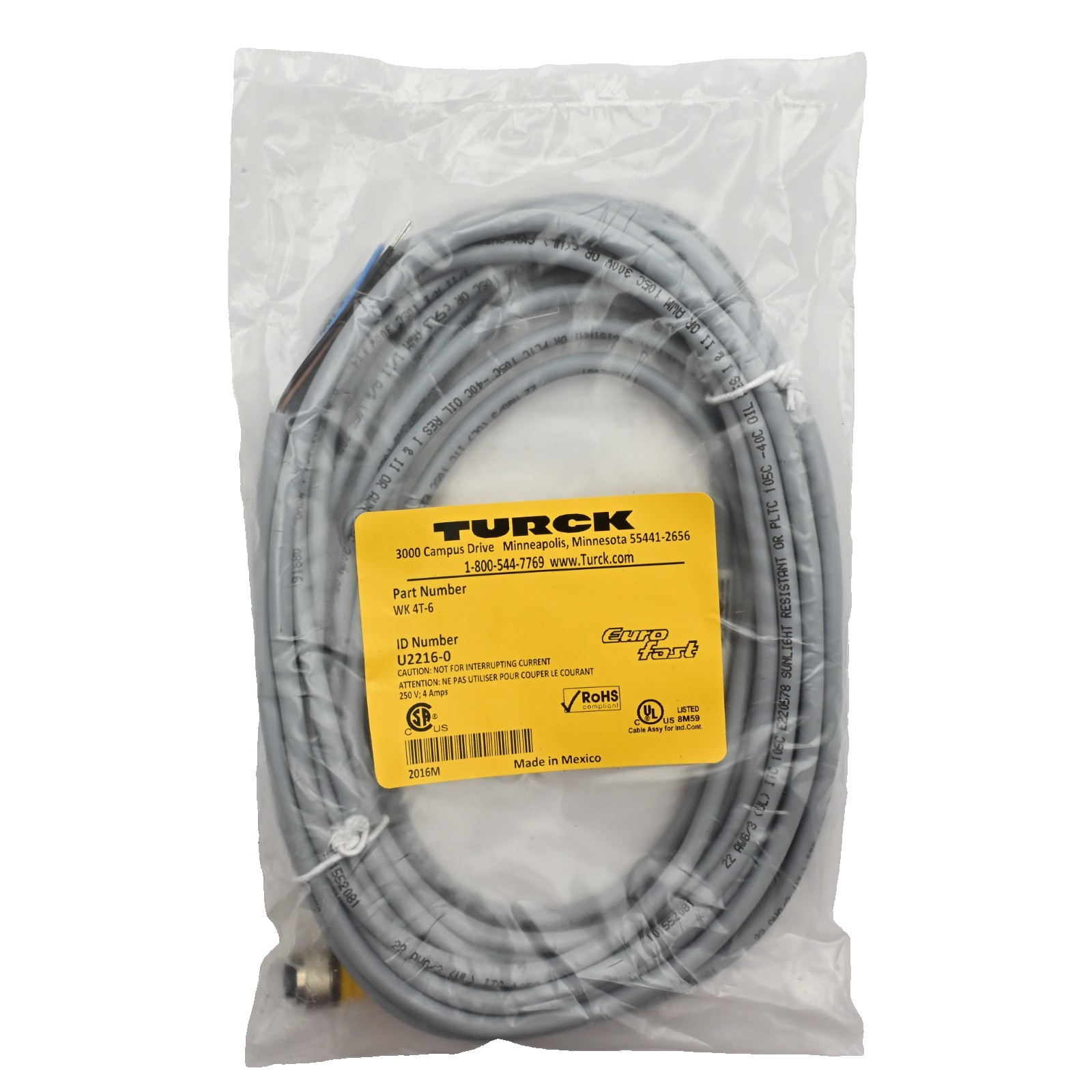 Turck WK 4T-6 3-Wire Right Angle Sensor Cable Cordset U2216-0 M12 6m, 250V 4A