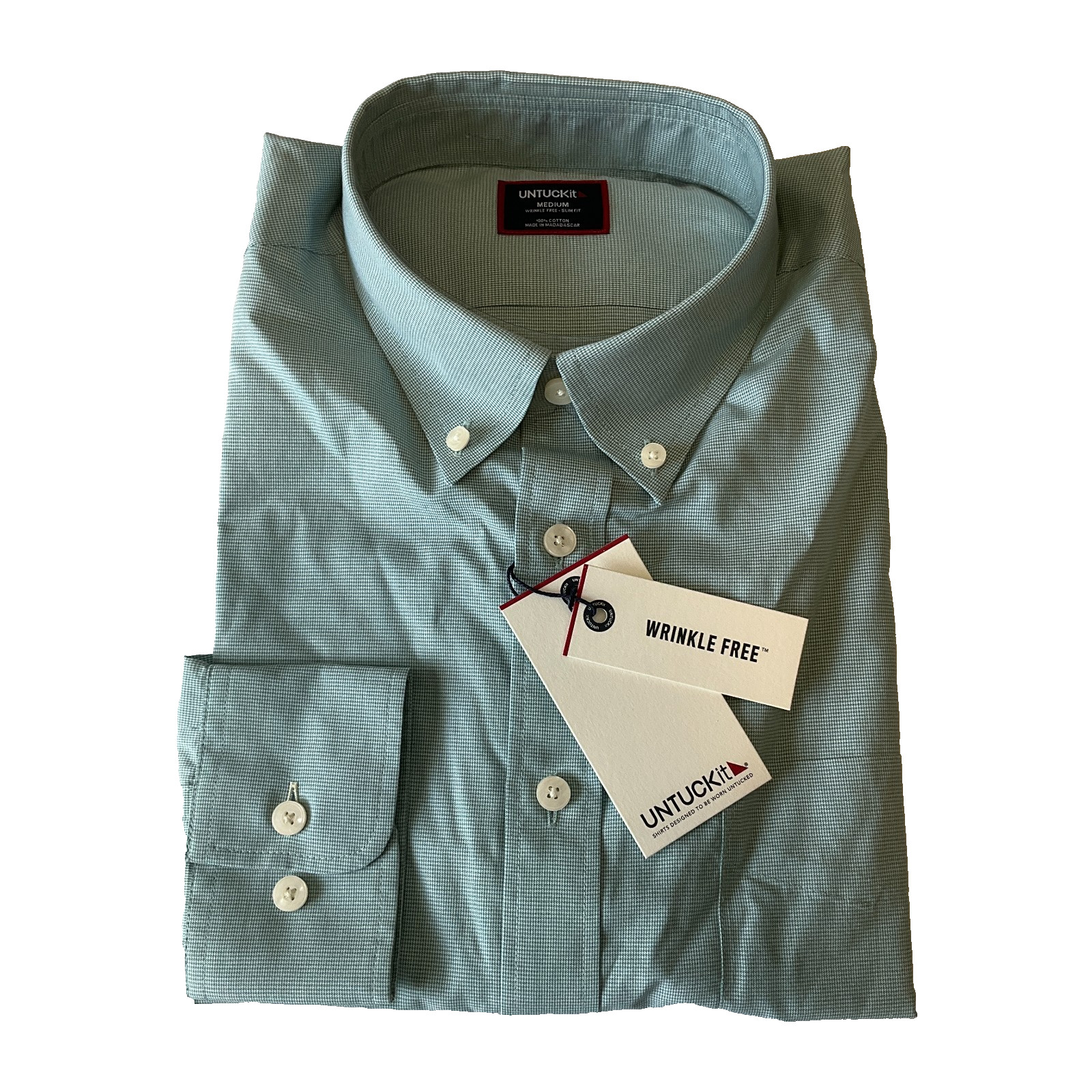 Untuck It Long Sleeve Cadetto Shirt Men Size M Green Wrinkle Free Stretch Button