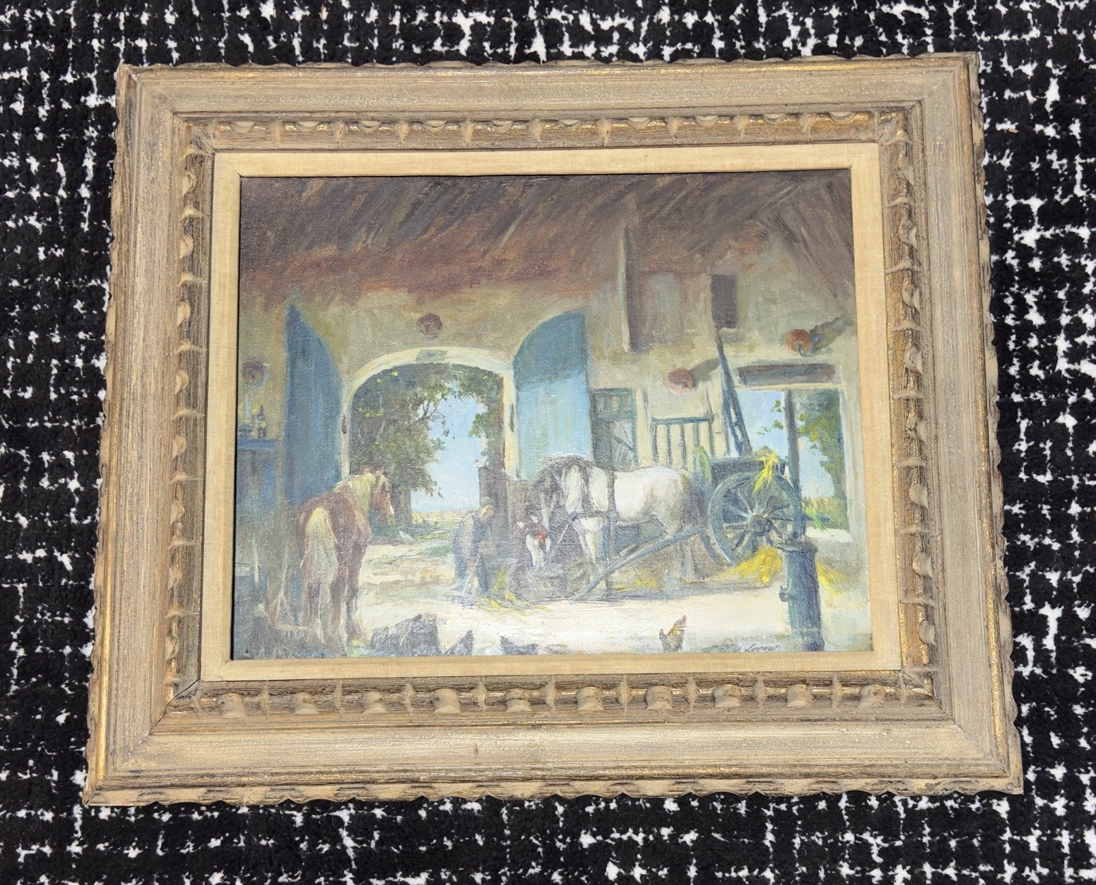 1930s Dutch Oil Painting Horses Stable Th Th de Leeuw Rozemberg Pre-War Framed