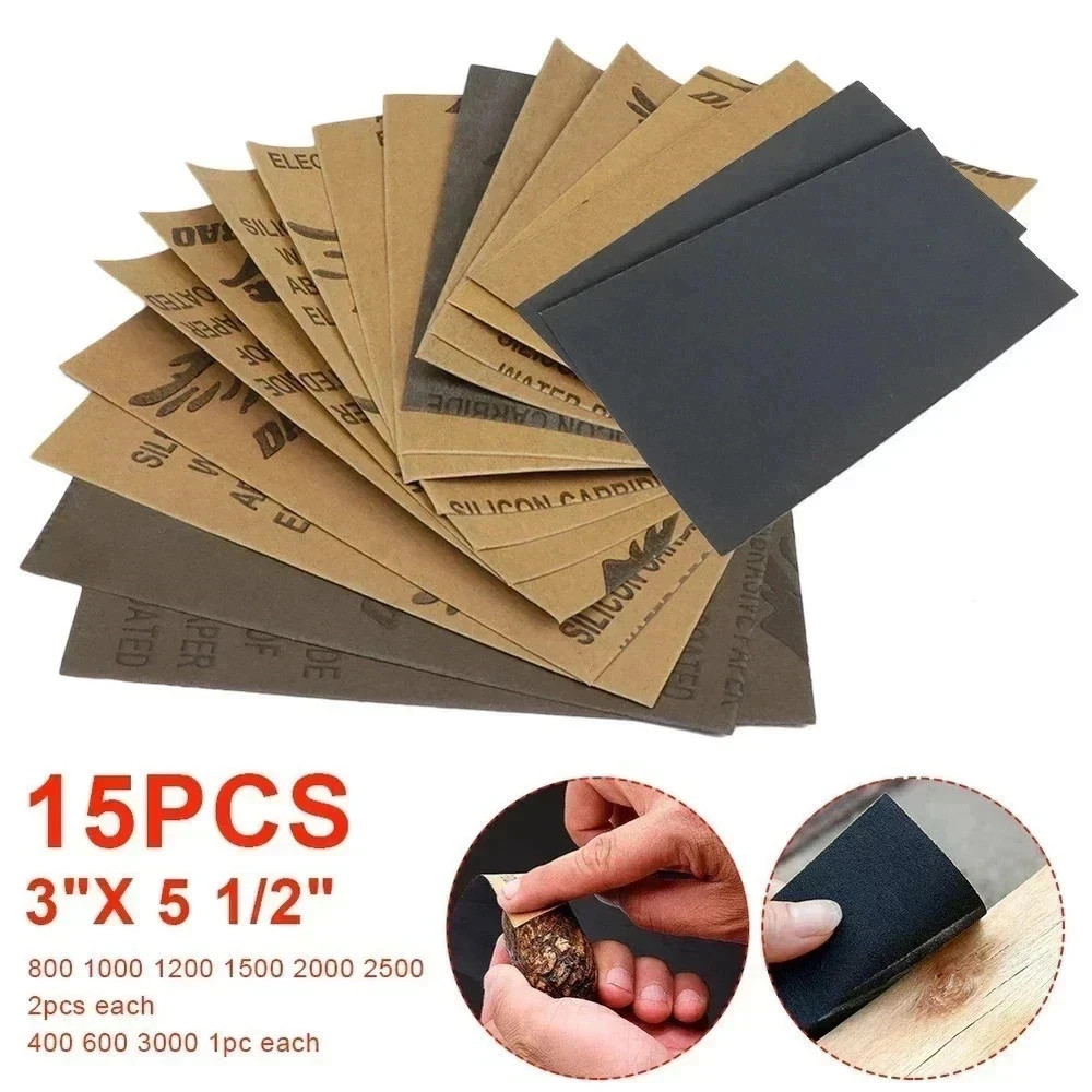 15 Pcs Sandpaper Sheets, 13 Grits 120–5000 Wet Dry Assortment for Wood & Metal