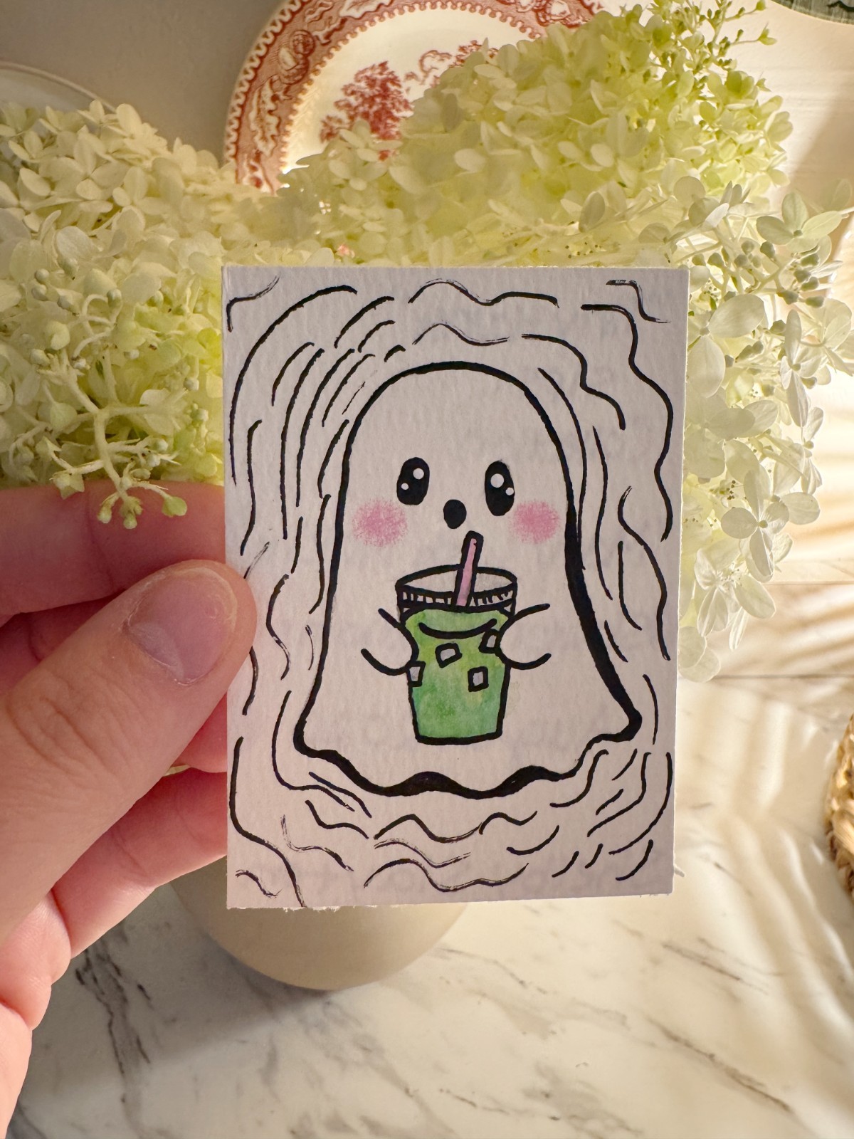 Original ACEO Cute Ghost Holding Matcha Drink – Hand Drawn Mini Art Card