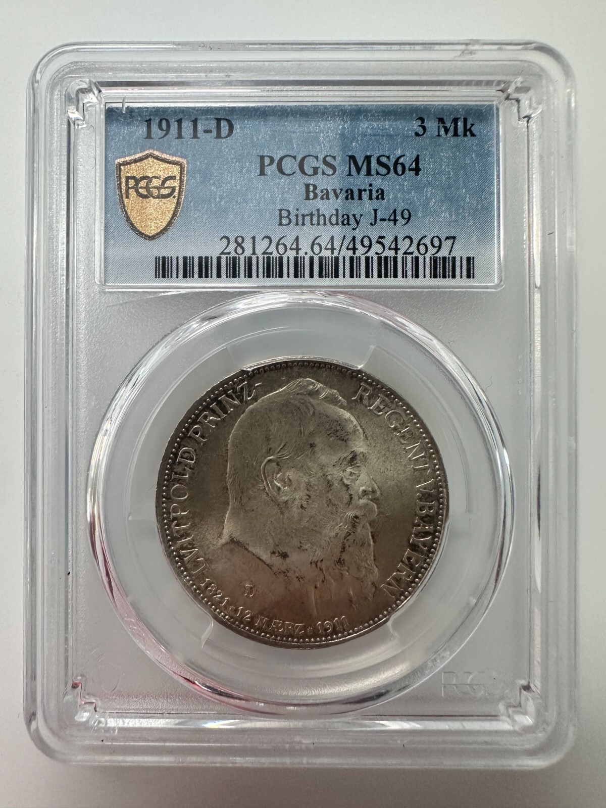 Bavaria, German State 3 Mark 1911-D Commemorative Birthday J-49 PCGS MS64