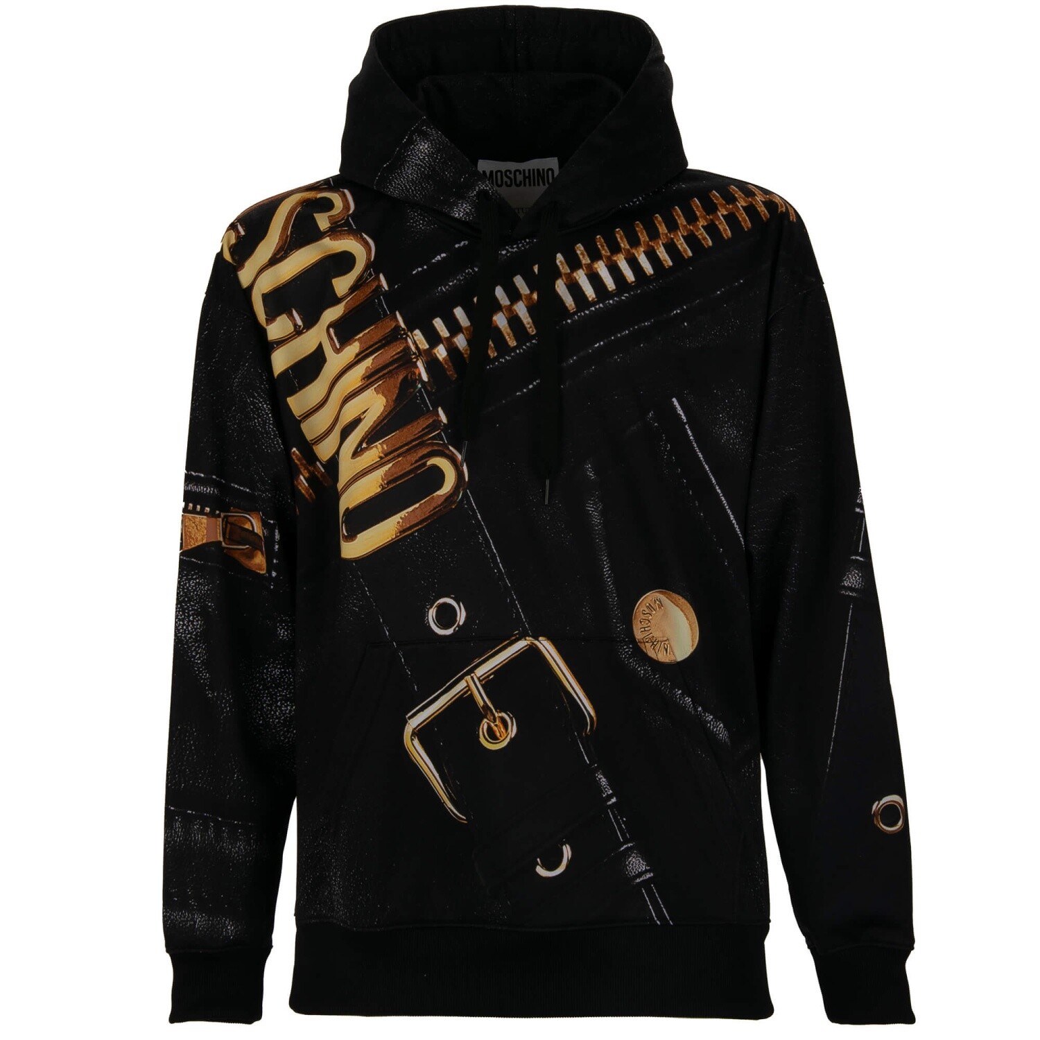 MOSCHINO COUTURE Biker Jacket Logo Print Sweater Hoody Black Gold