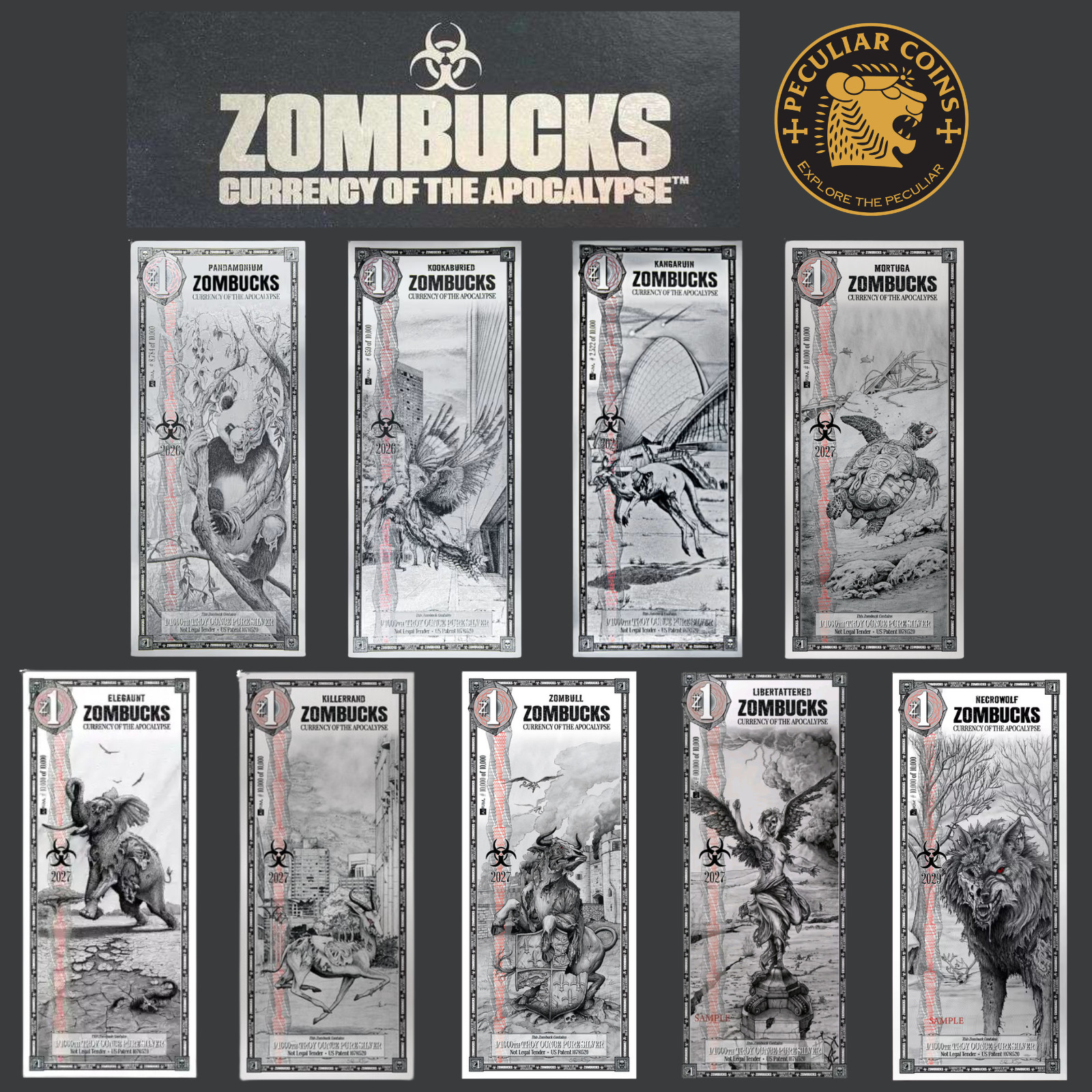 ZOMBUCKS WORLD SILVER NOTES - RARE COMPLETE 9 PIECE SET SERIAL #'S ENCLOSED COA