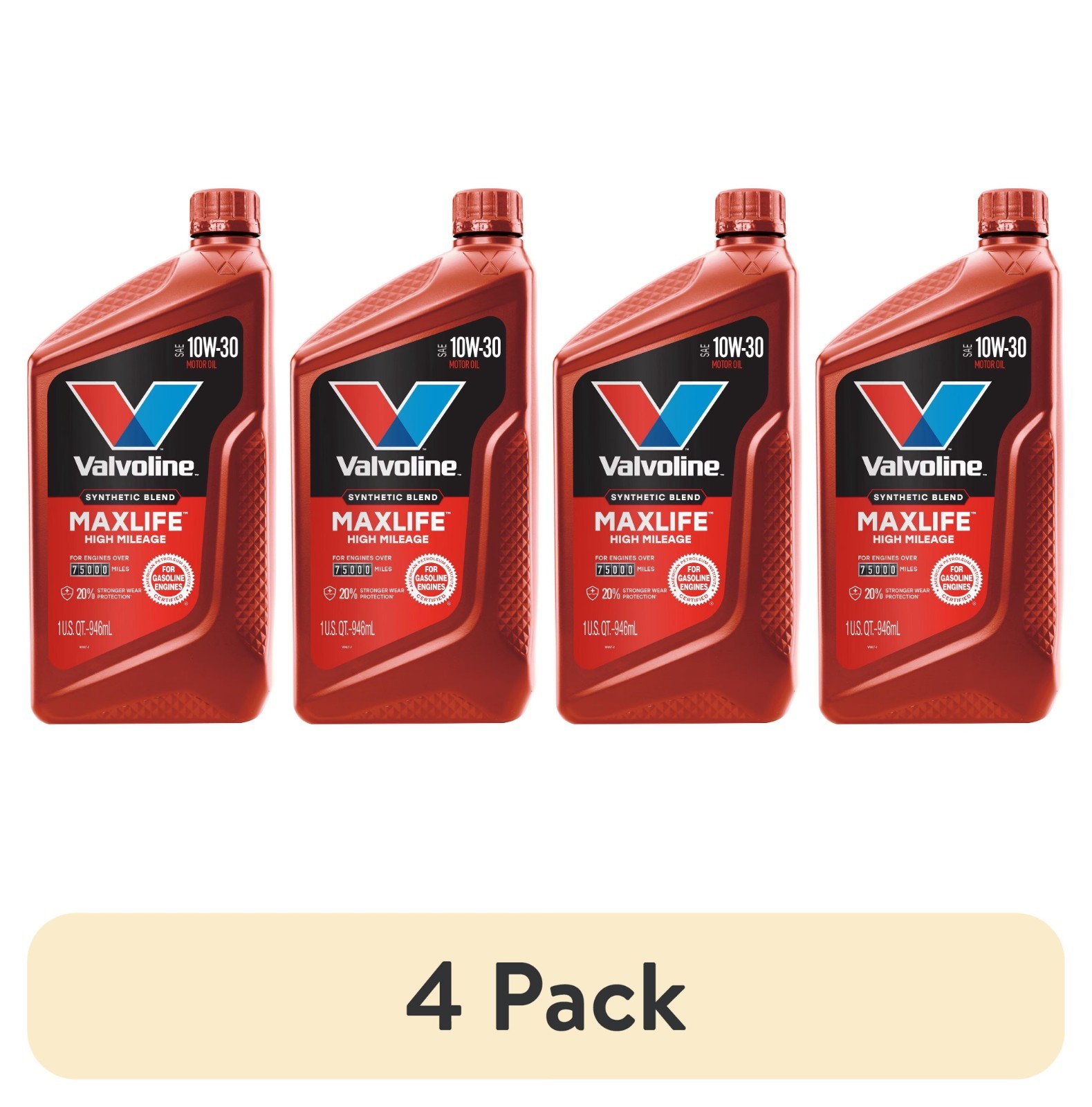 Valvoline MaxLife High Mileage 10W-30 Synthetic Blend Motor Oil 1 Quart - 4 Pack