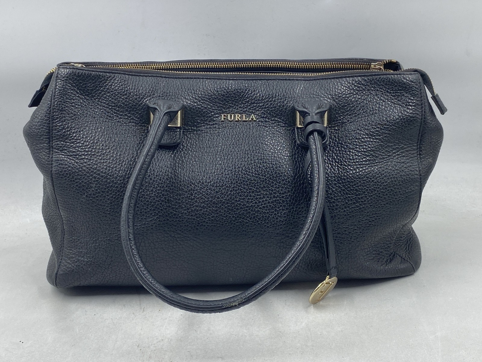 Furla Black Pebbled Leather Satchel Bag Gold Tone Hardware