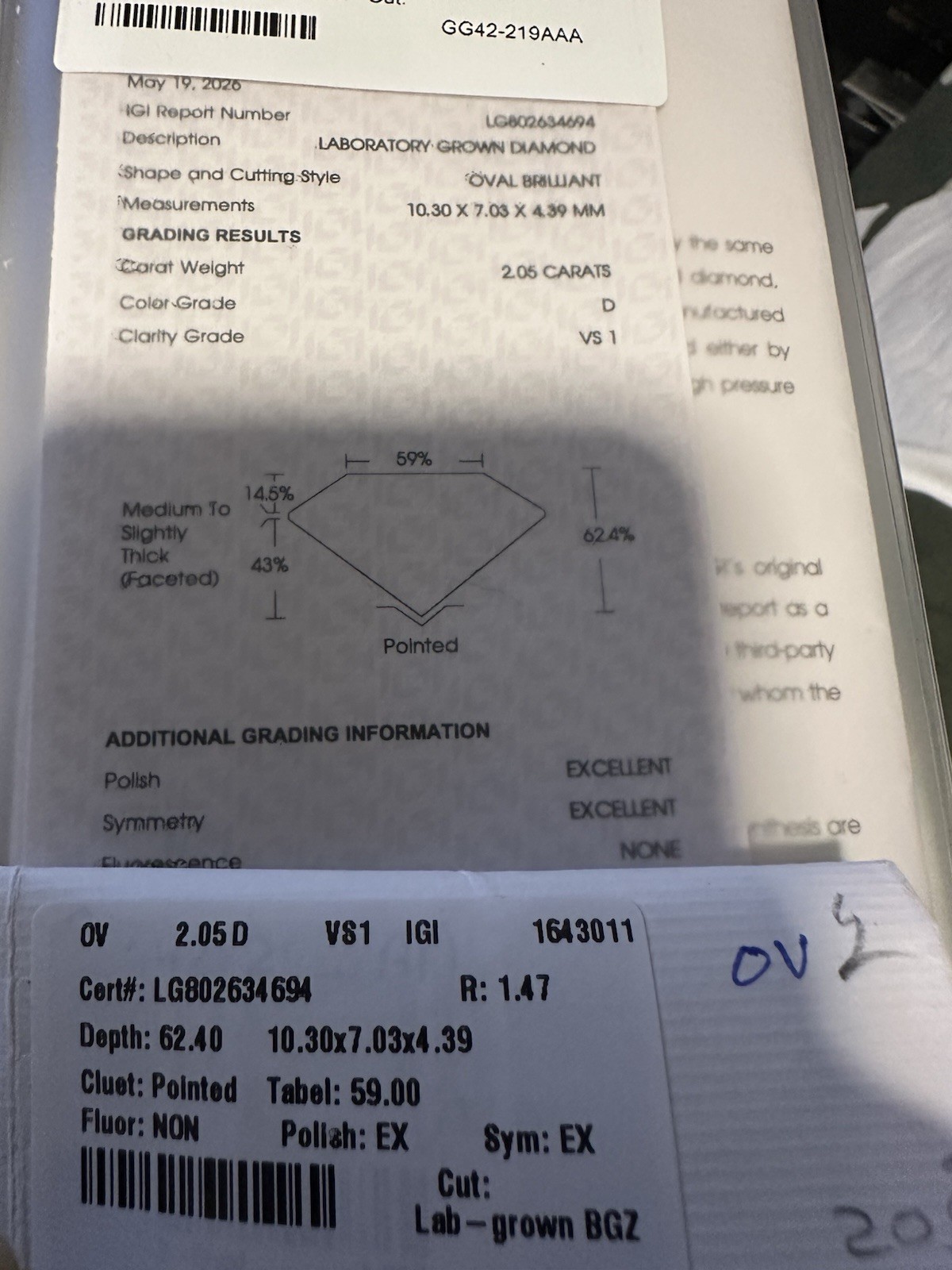 2.05 oval D VS1 lab grown diamond IGI Certified 2.05 oval D VS1 lab grown diamond IGI Certified