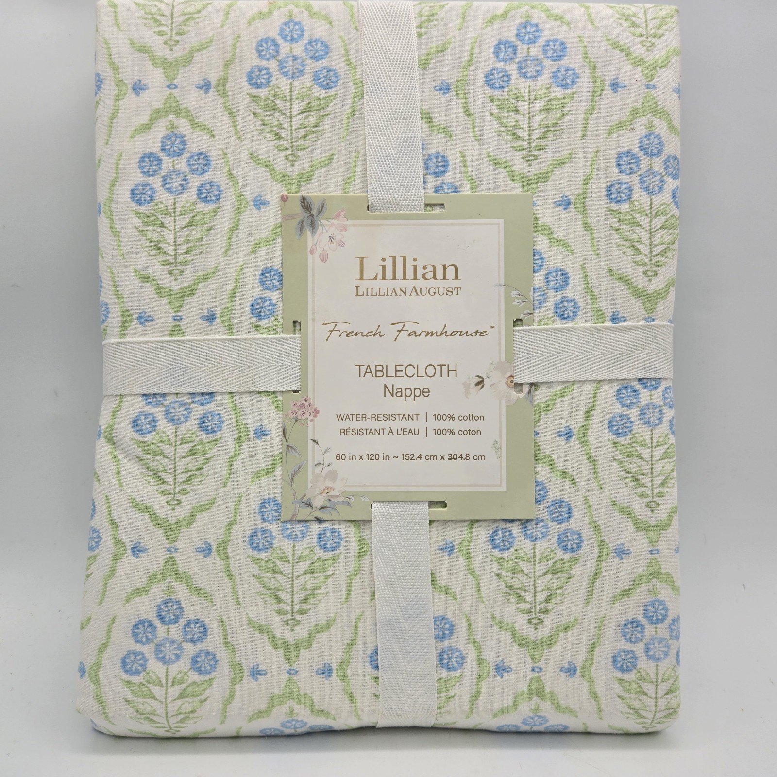 Lillian August 60x120 Tablecloth Blue Green White Floral Cotton Water Resistant