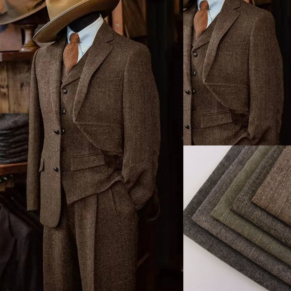 Winter Tweed Men's Suit Woolen Jacket Vest 60s Herringbone Warm Vintage 3Pcs