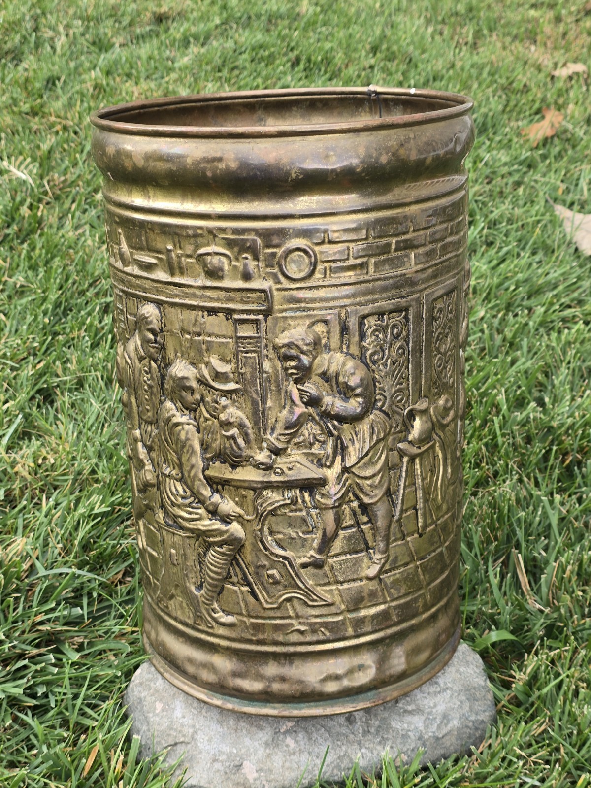 Vintage 1930s Embossed Brass Trash Can, Umbrella Stand, Coal Can. Rare Vintage 1930s Embossed Brass Trash Can, Umbrella Stand, Coal Can. Rare