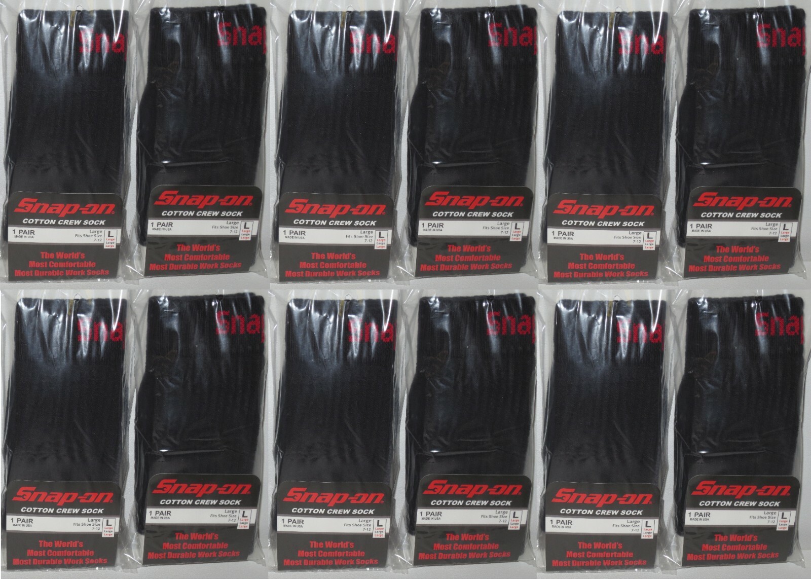 12 Snap-On CREW Socks BLACK LARGE ~  ~ MADE IN USA  12 PAIRS *NEW*