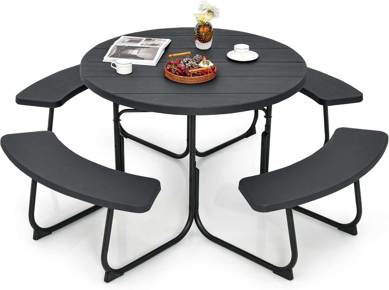 Round Picnic Table for Outdoors, 8 Person Outdoor Picnic Tables & Benches Set wi