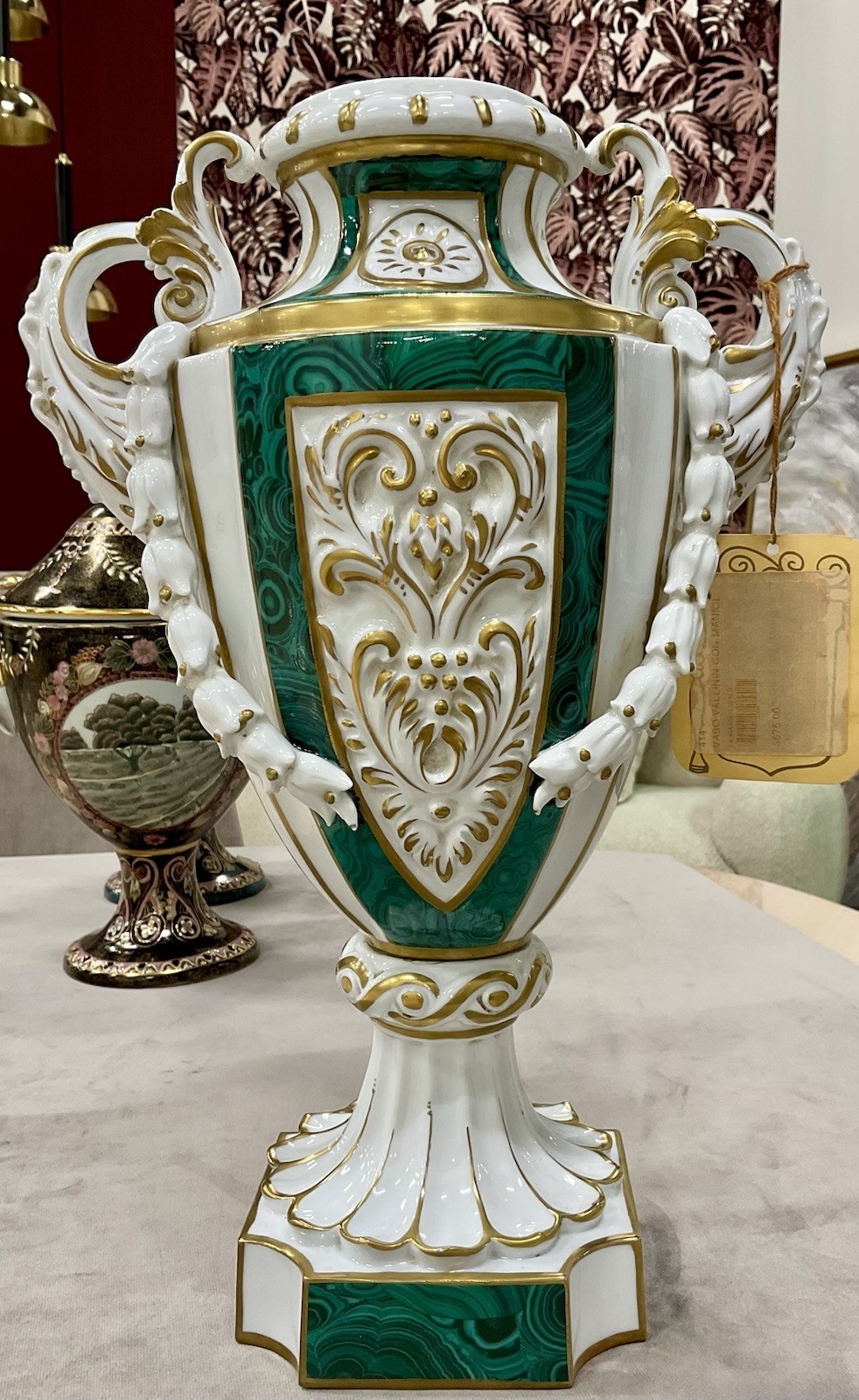 Tiche Milano Italian Porcelain Urn Vase Valentin Malachite Green Gold 15\