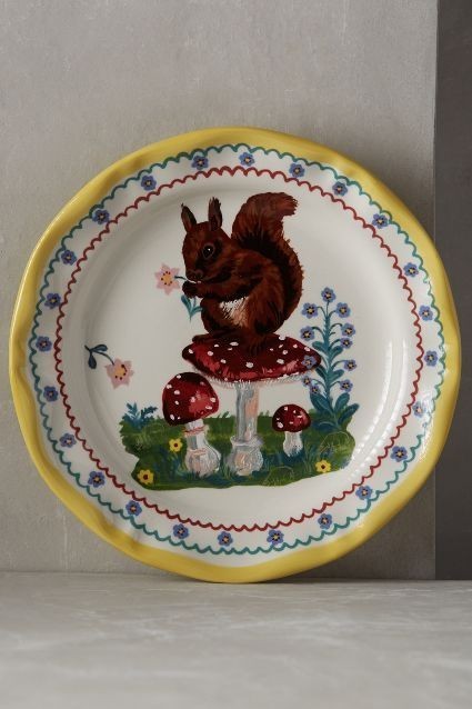 Anthropologie NATHALIE LETE Dinner Plate SQUIRREL MUSHROOMS Flowers 10\