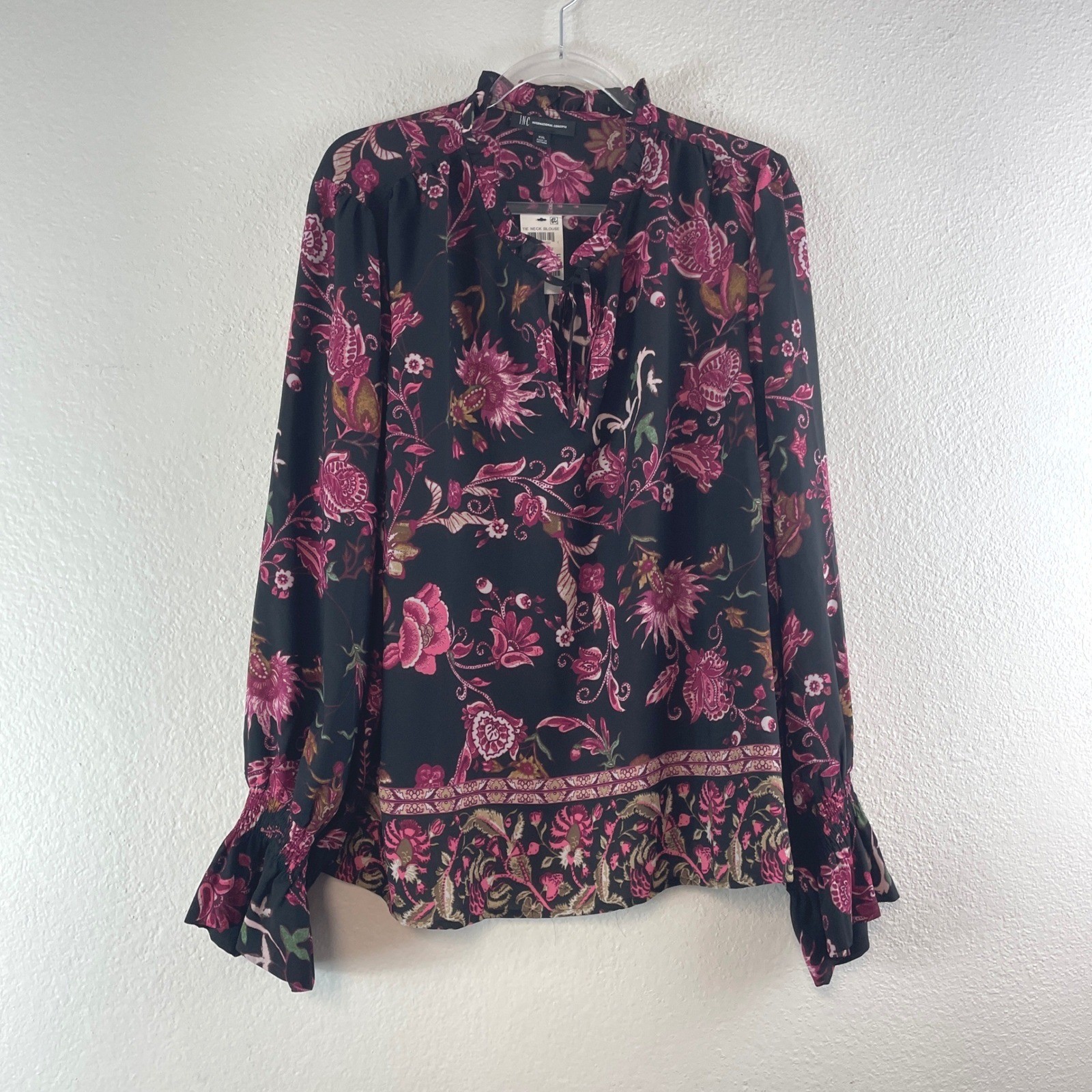INC International Concepts Blouse XXL Black Pink Floral Stella Bouquet Boho New