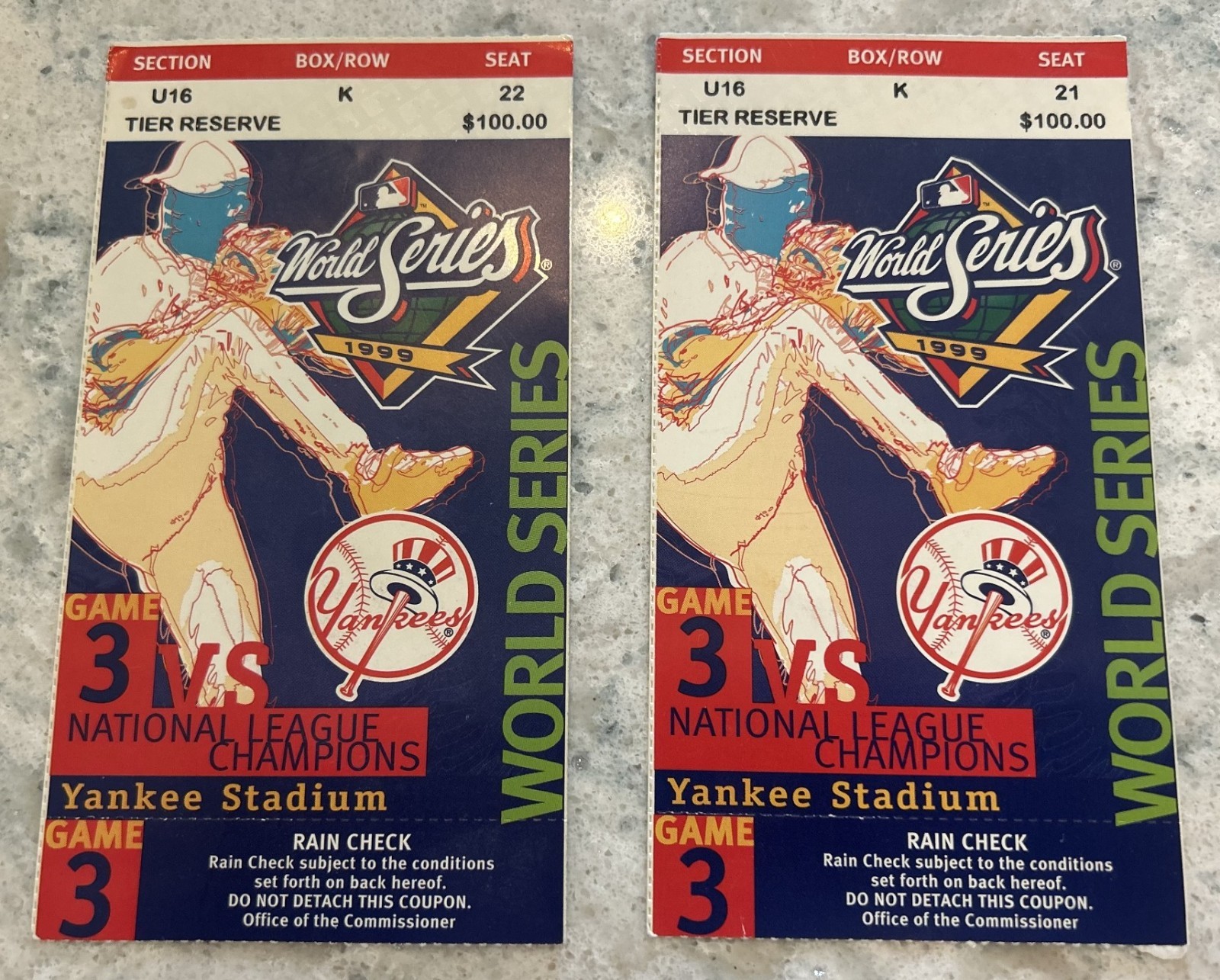 Pair (2) 1999 World Series Game 3 Tickets Yankee Stadium Rivera Win, Tino HR Pair (2) 1999 World Series Game 3 Tickets Yankee Stadium Rivera Win, Tino HR